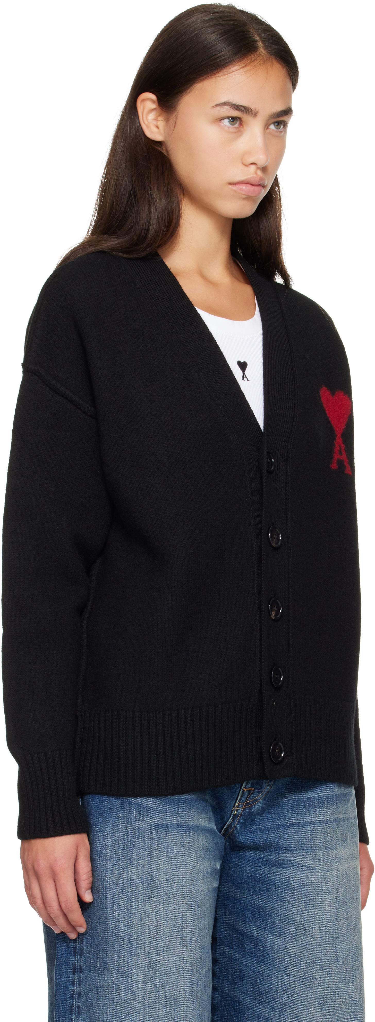 AMI Paris: Black Wool Ami de Coeur Cardigan | SSENSE