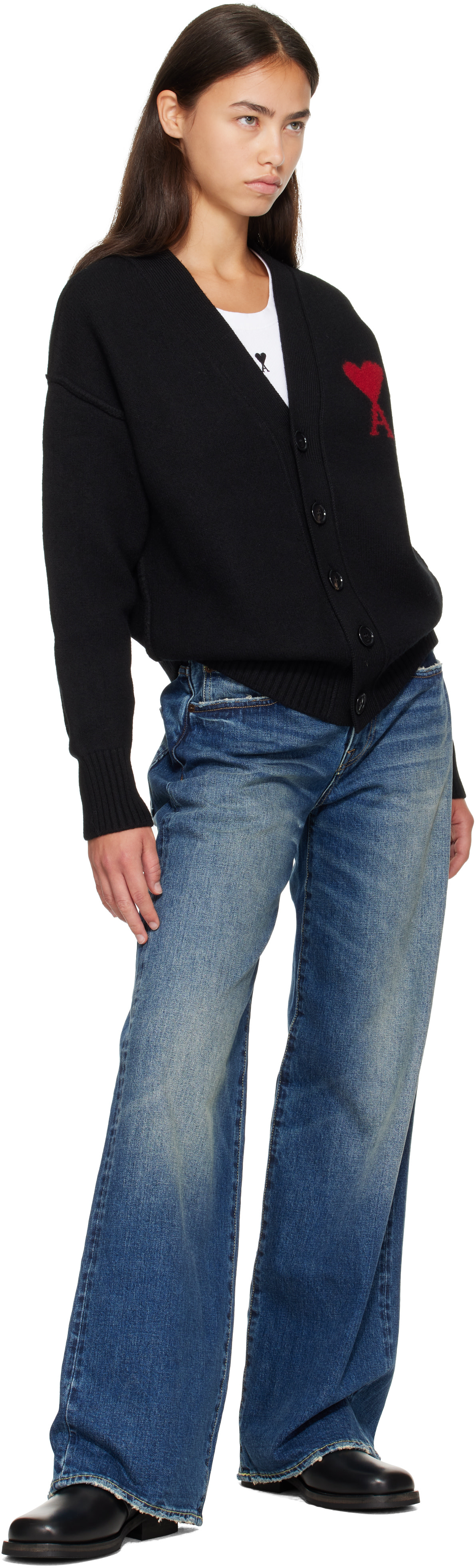 AMI Paris: Black Wool Ami de Coeur Cardigan | SSENSE