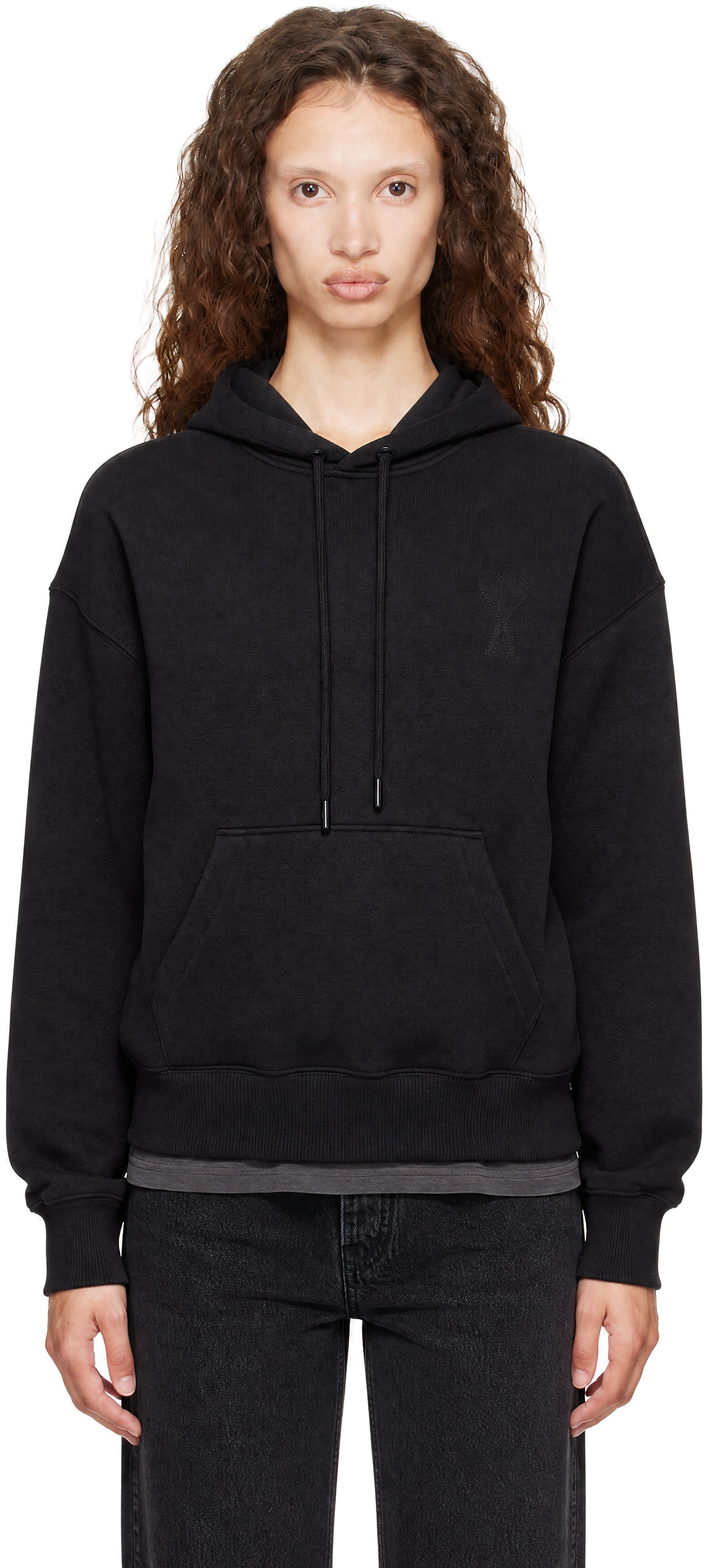 AMI Paris: Black Cotton Embossed Ami de Coeur Hoodie | SSENSE