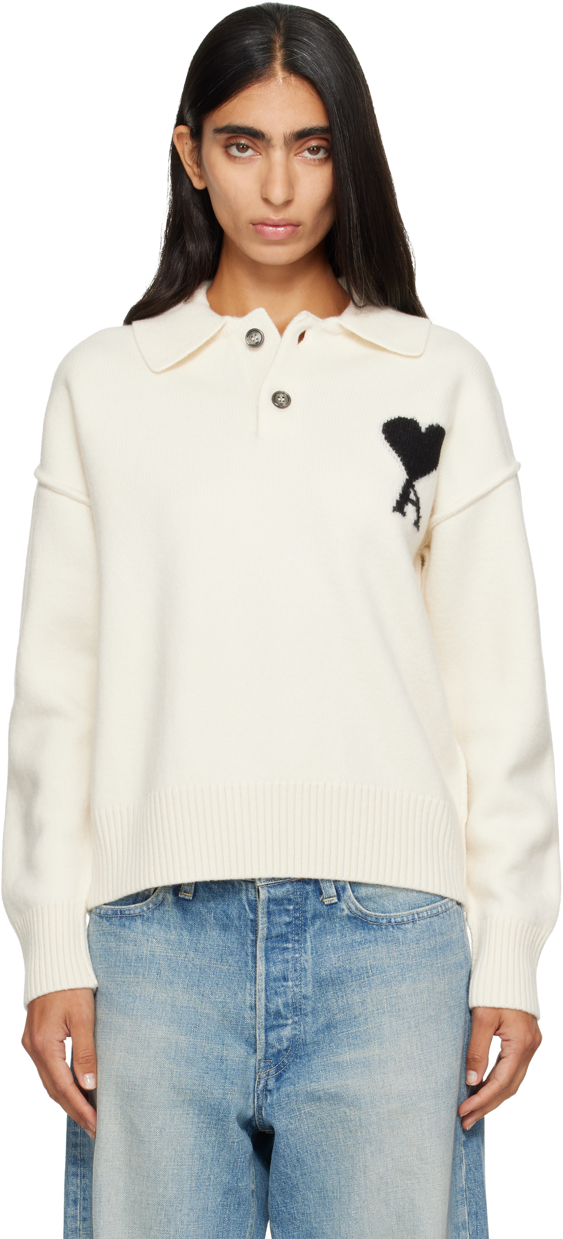 AMI Paris: Off-White Ami de Coeur Wool Polo | SSENSE