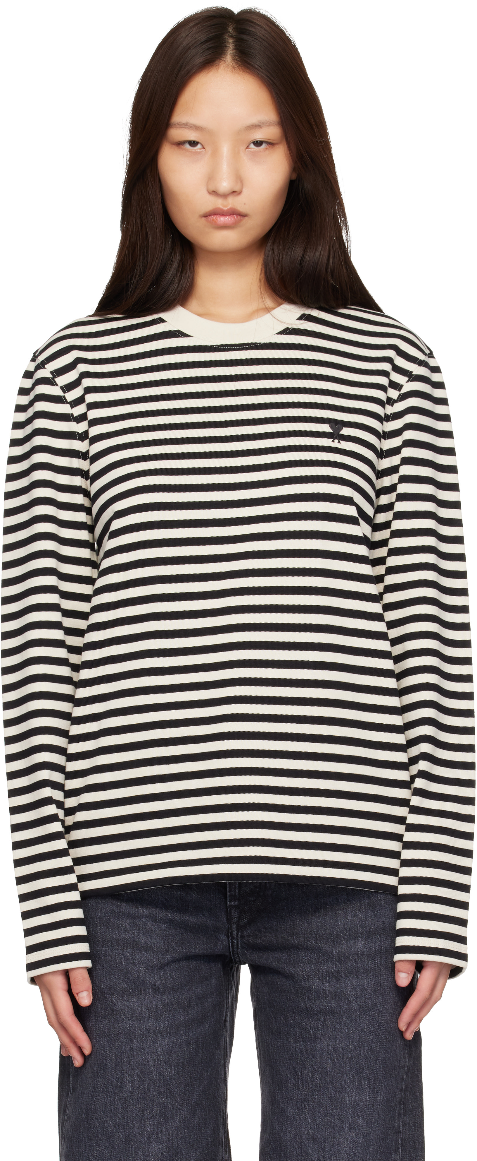 Ami Paris ボーダー Tシャツ　XS AMI Paris: Black & Off-White Mariniere Cotton Ami De Coeur T-shirt