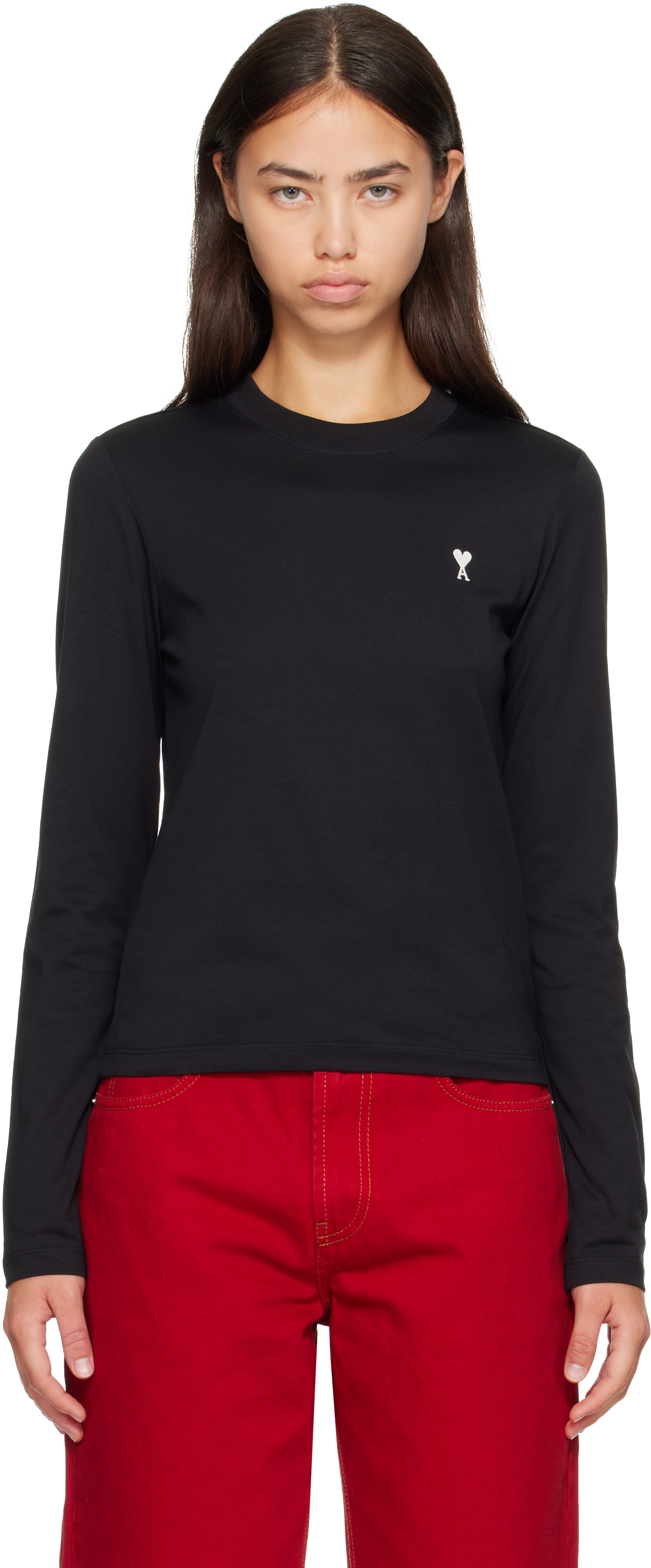 AMI Paris: Black Cotton Longsleeves Ami de Coeur T-shirt | SSENSE