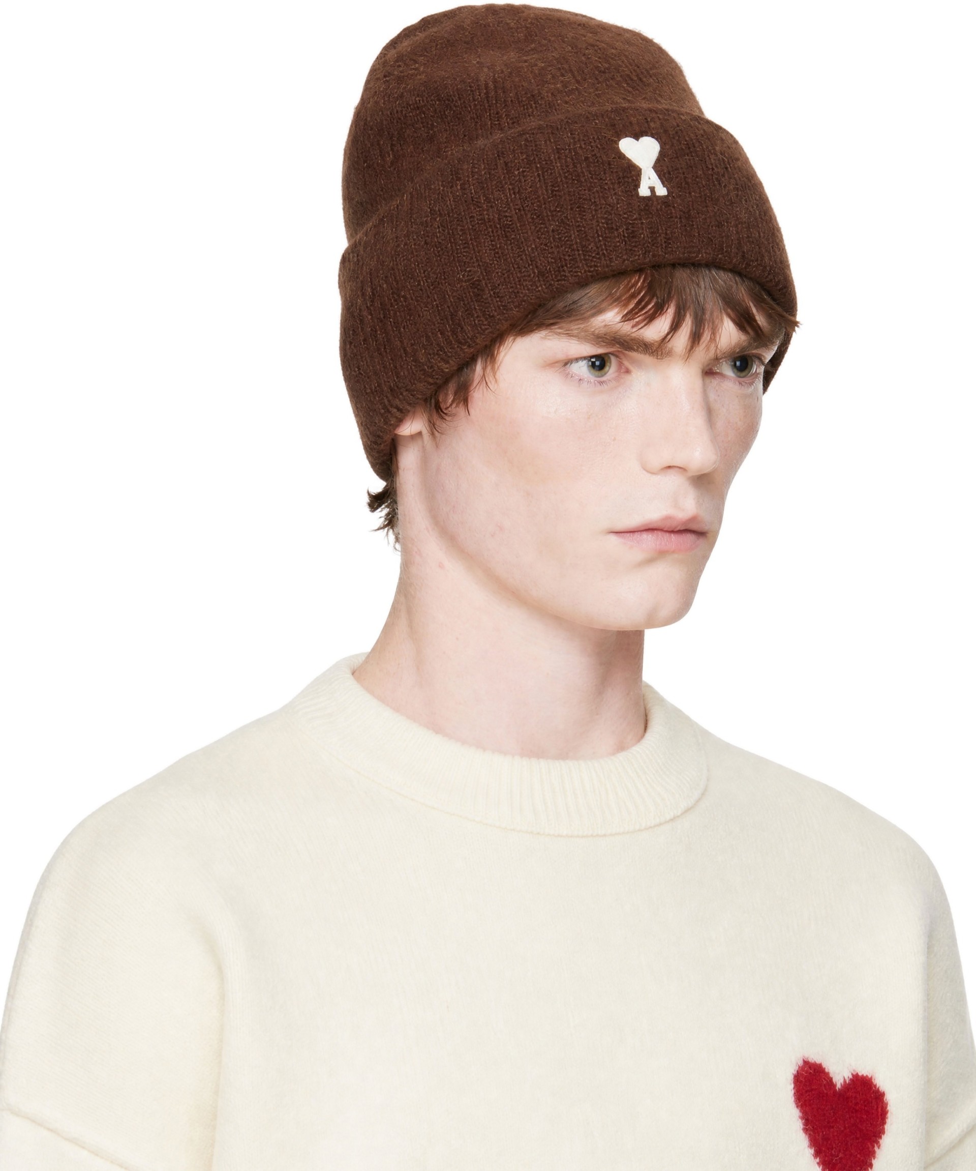 AMI PARIS「AMI DE COEUR」ビーニーアルパカ AMI Paris: Brown Alpaca Ami de Coeur Beanie | SSENSE Canada