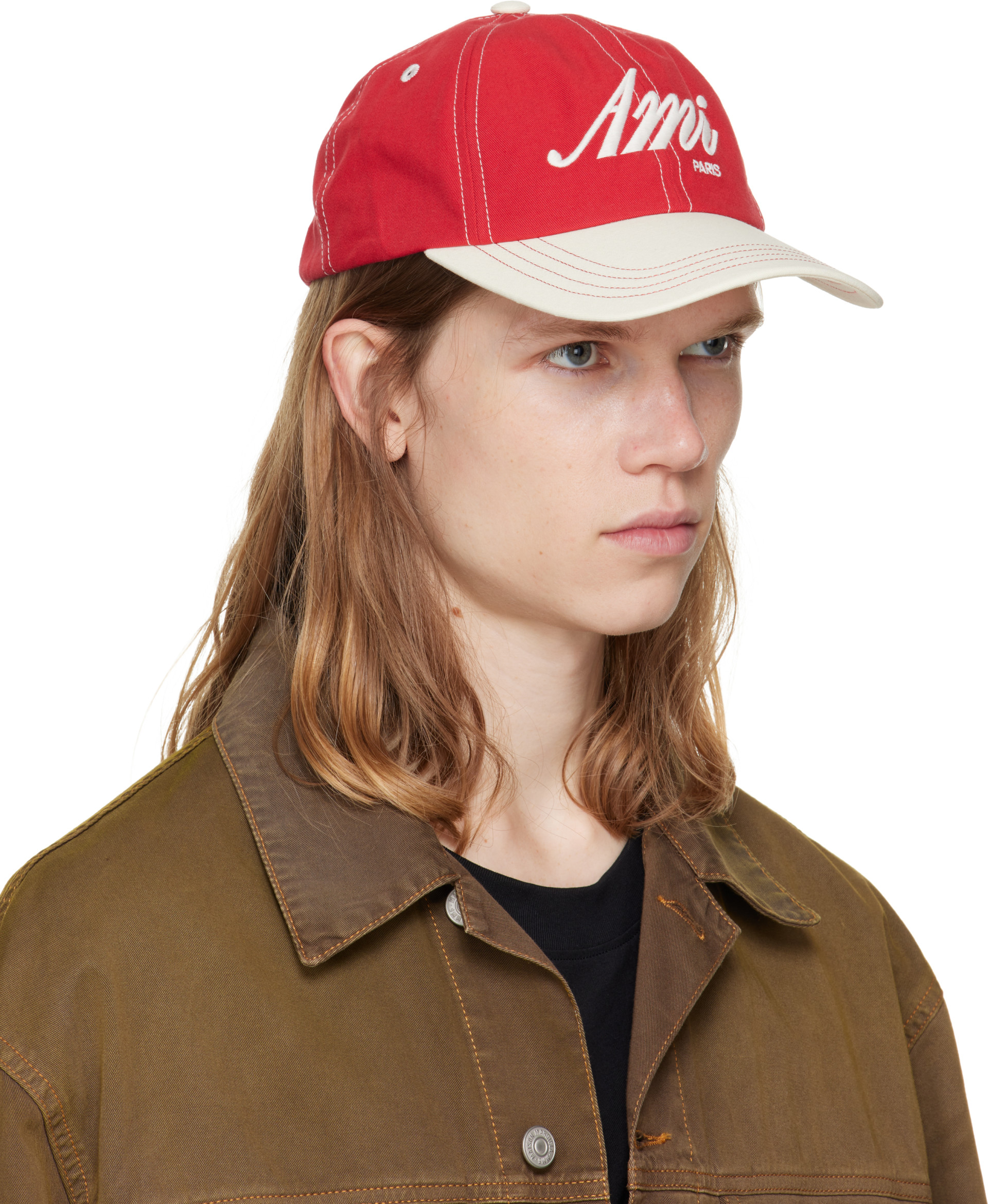 AMI Paris: レッド＆ホワイト 'AMI' Embroidery Bicolor キャップ