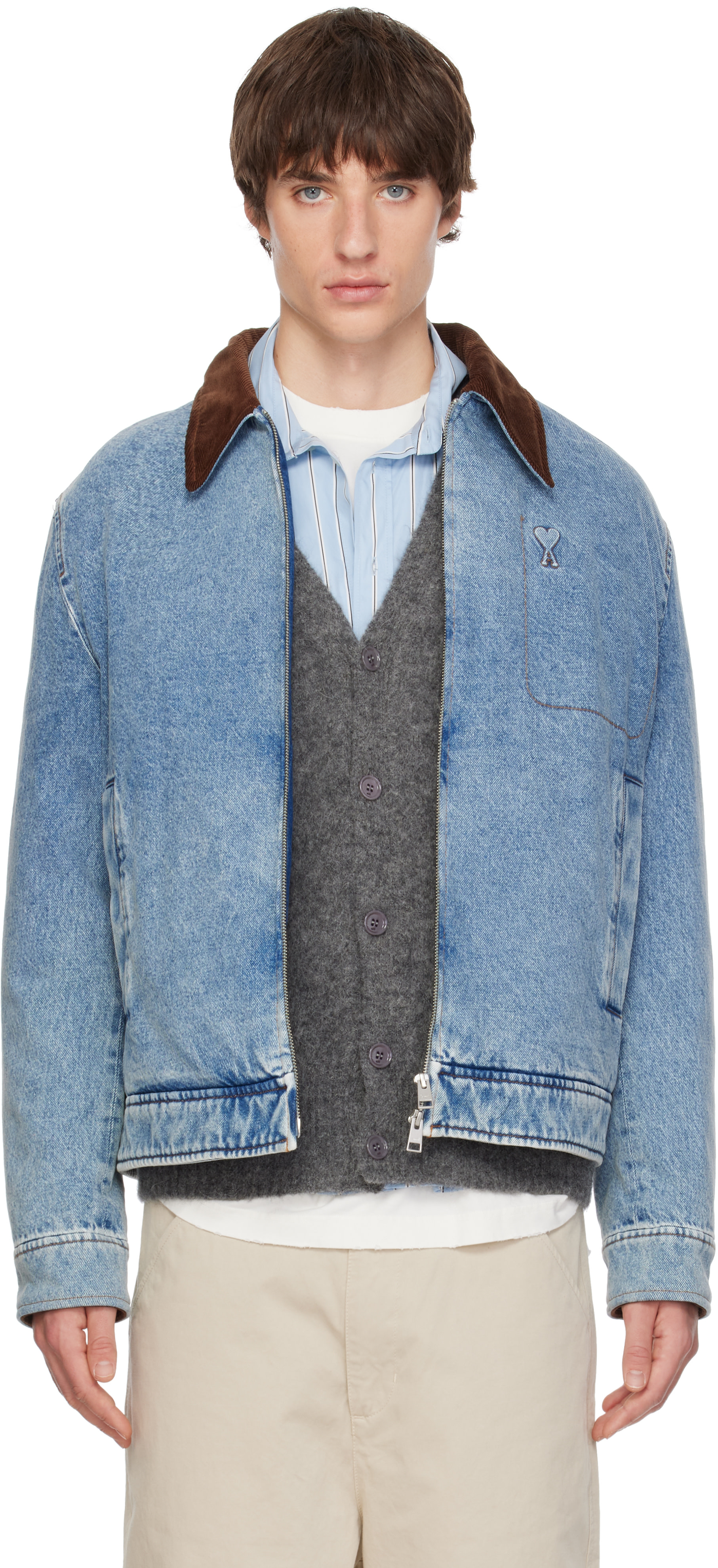 AMI Paris: Vlue Zipped Ami de Coeur Velvet Collar Denim Jacket