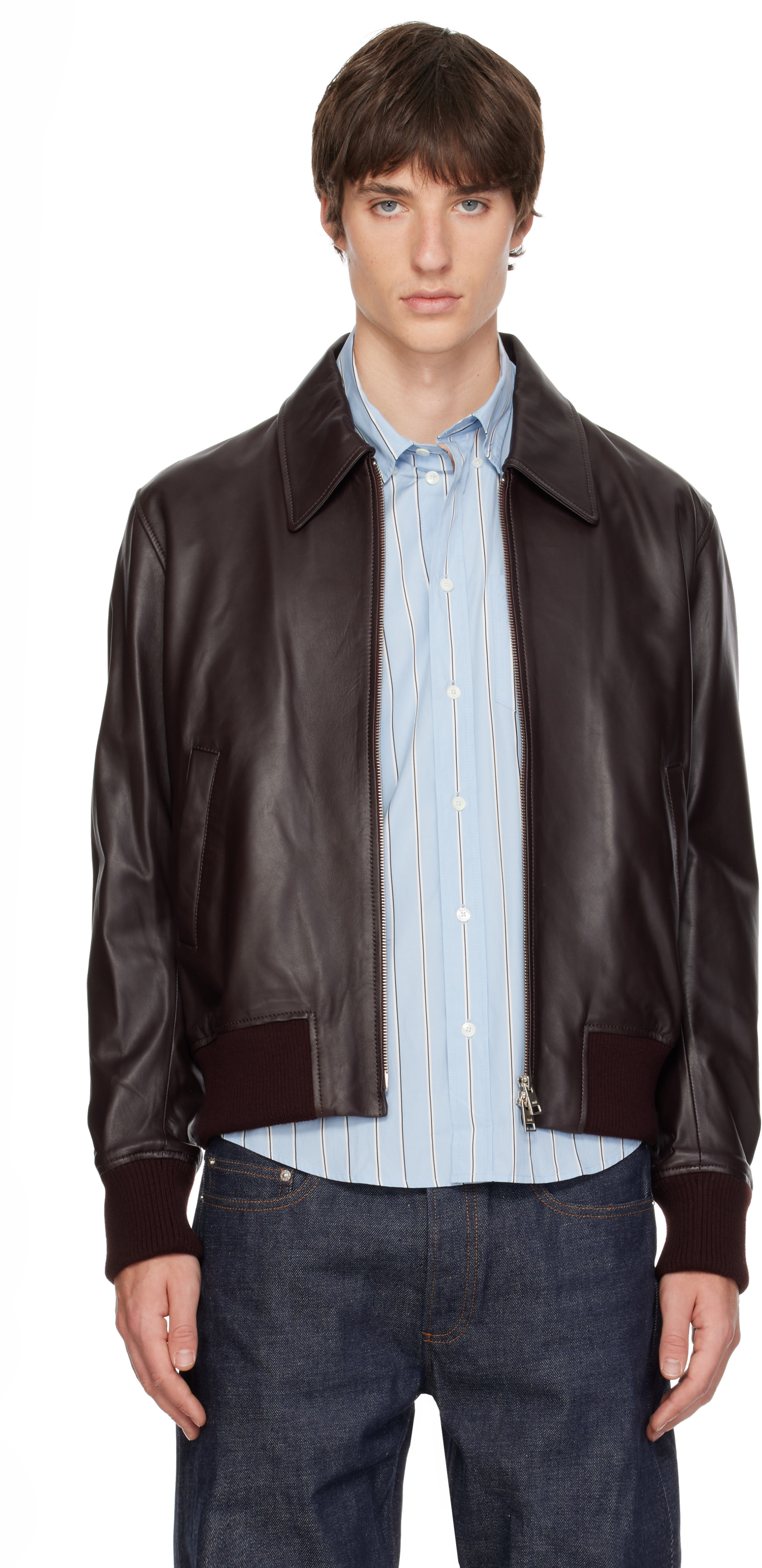 アミーゴ AMI Paris: Brown Lamb Leather Zipped Jacket | SSENSE