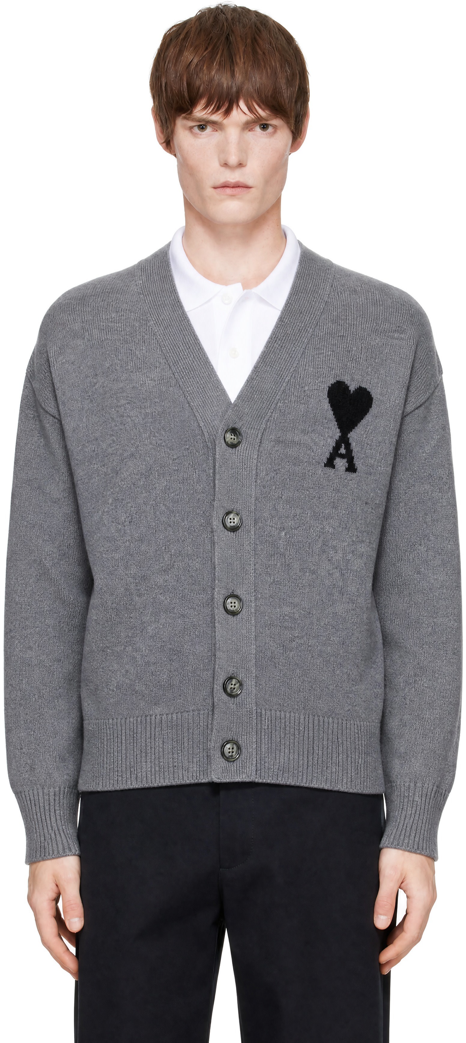 AMI Paris: Gray V-Neck Ami de Coeur Cardigan | SSENSE
