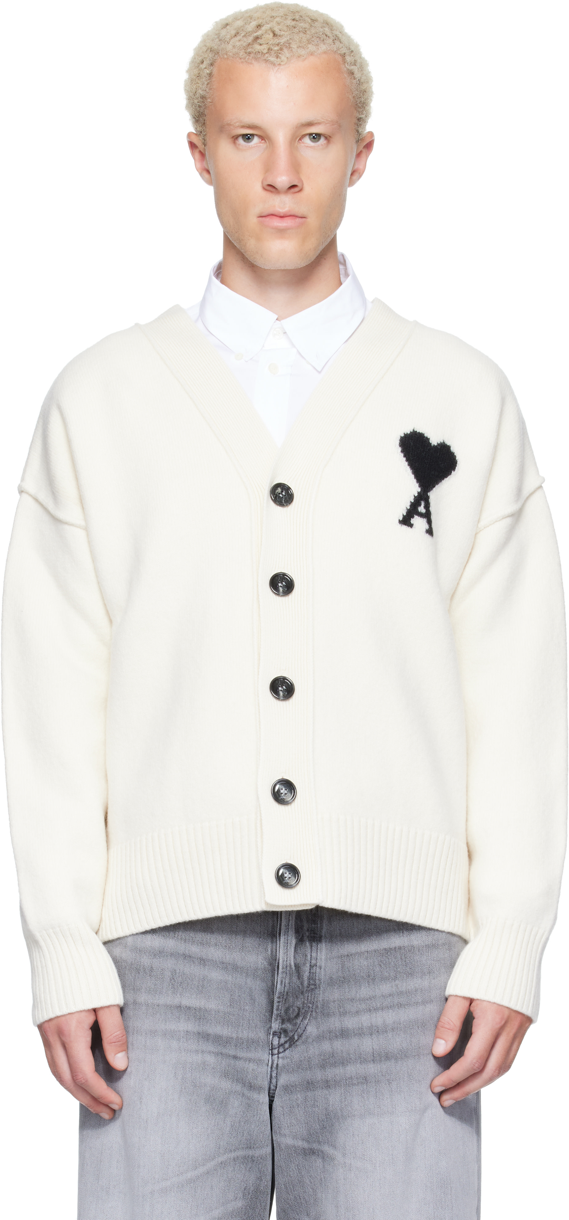 AMI Paris: Off-White Wool Ami de Coeur Cardigan | SSENSE