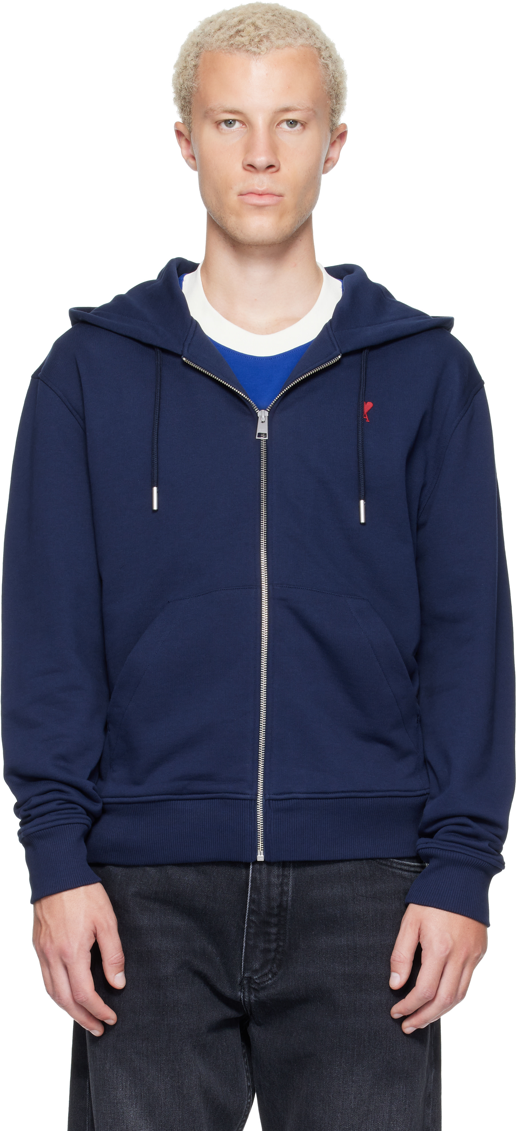 AMI Paris: Navy Zipped Cotton Ami de Coeur Hoodie | SSENSE Norway