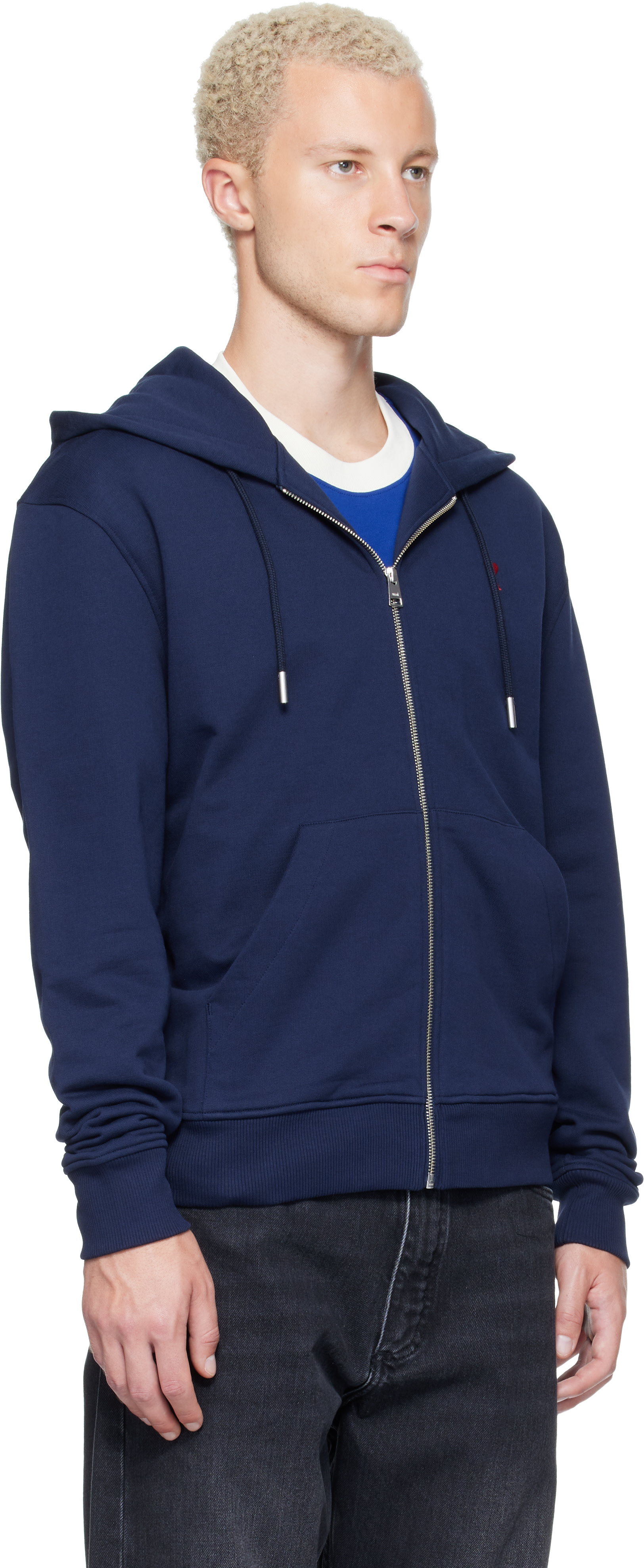 AMI Paris: Navy Zipped Cotton Ami de Coeur Hoodie | SSENSE