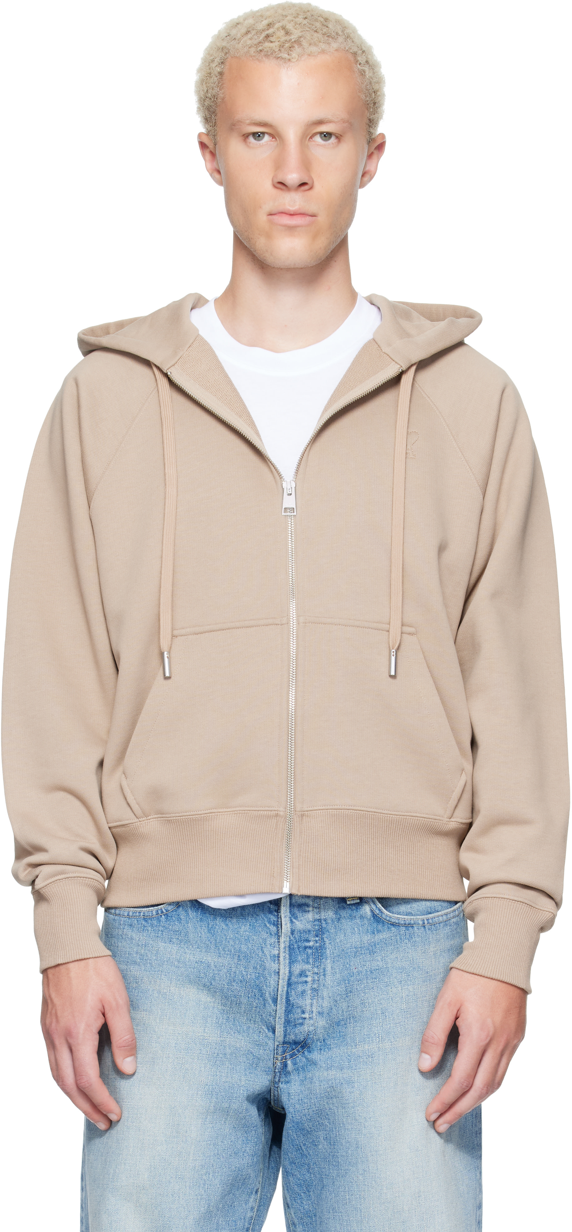 AMI Paris: ベージュ Ami de Coeur エンボス コットン ジップアップ