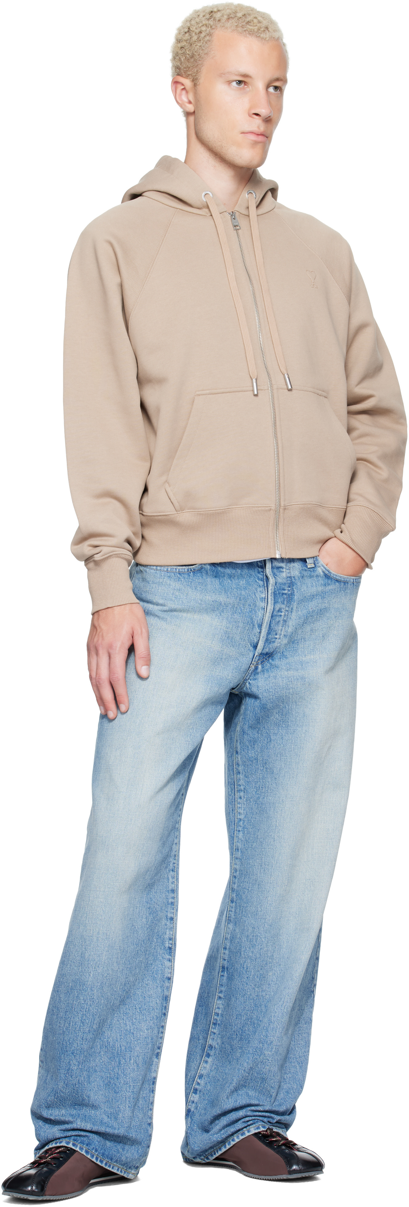 amiparis ベージュ トレーナー フーディー AMI Paris: ベージュ Ami de Coeur エンボス コットン ジップアップ