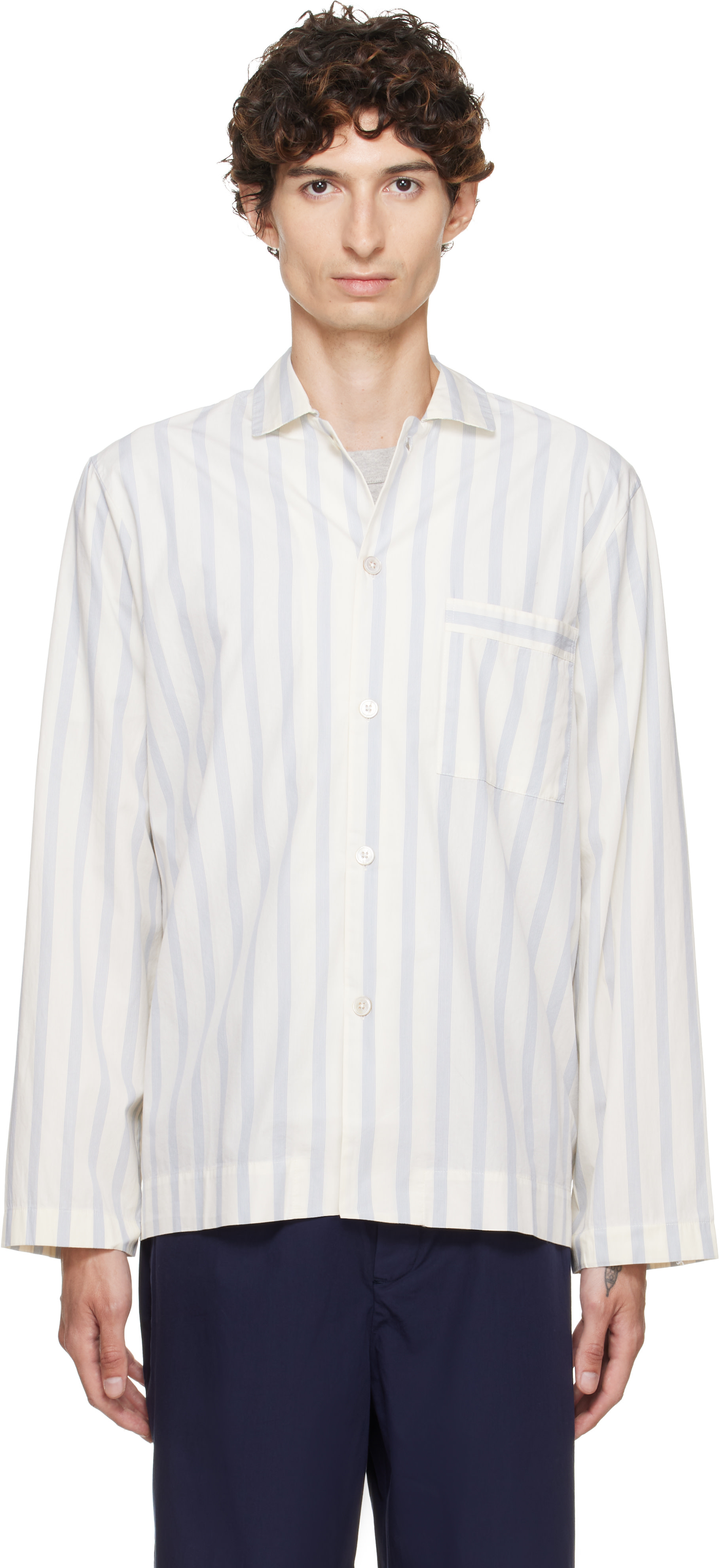 Tekla: Off-White & Blue Poplin Long-Sleeved Pyjama Shirt | SSENSE