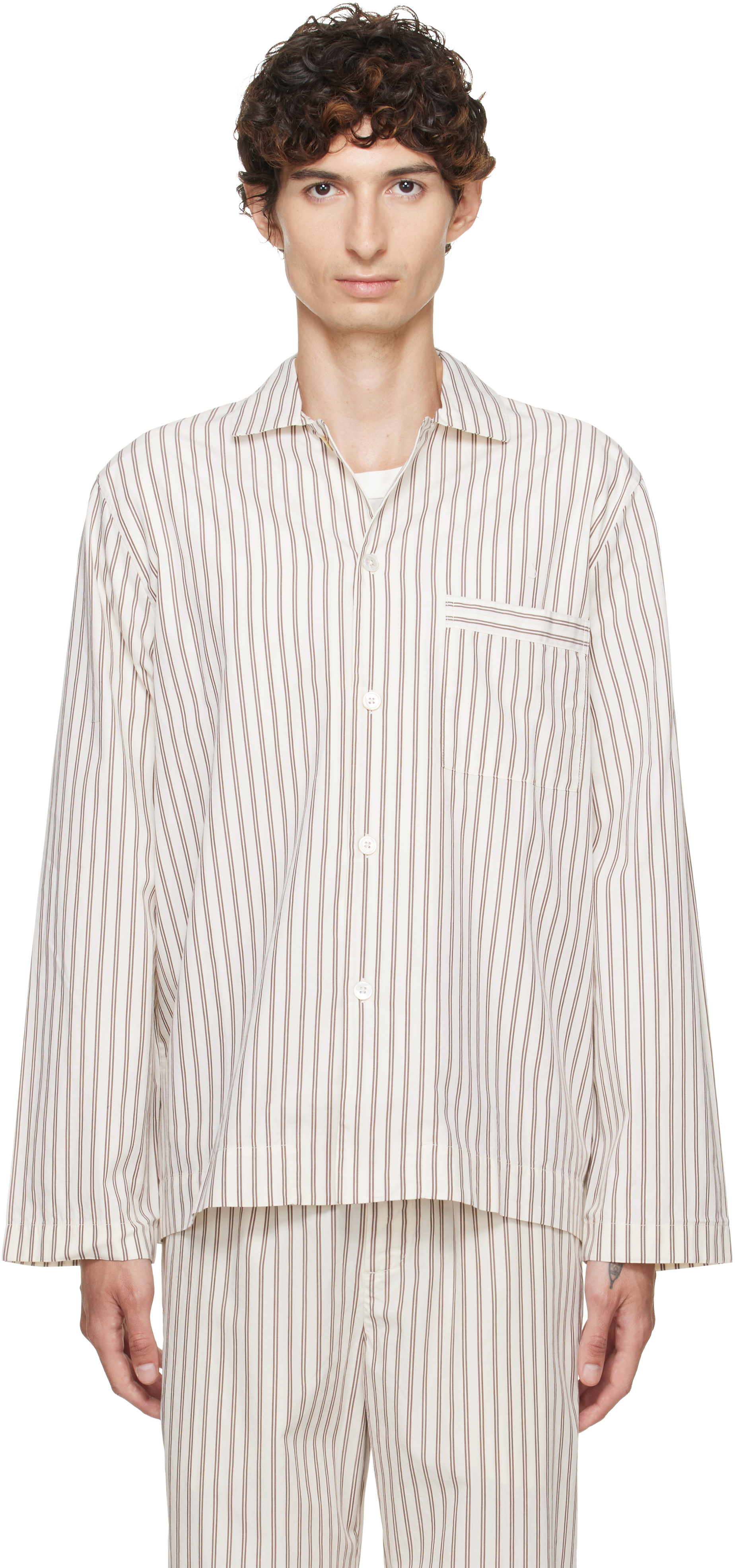 TEKLA パジャマ ユニセックス レモネード 上下セット 定価 ¥58,300 Tekla: オフホワイト＆ブラウン Poplin 長袖パジャマシャツ | SSENSE 日本