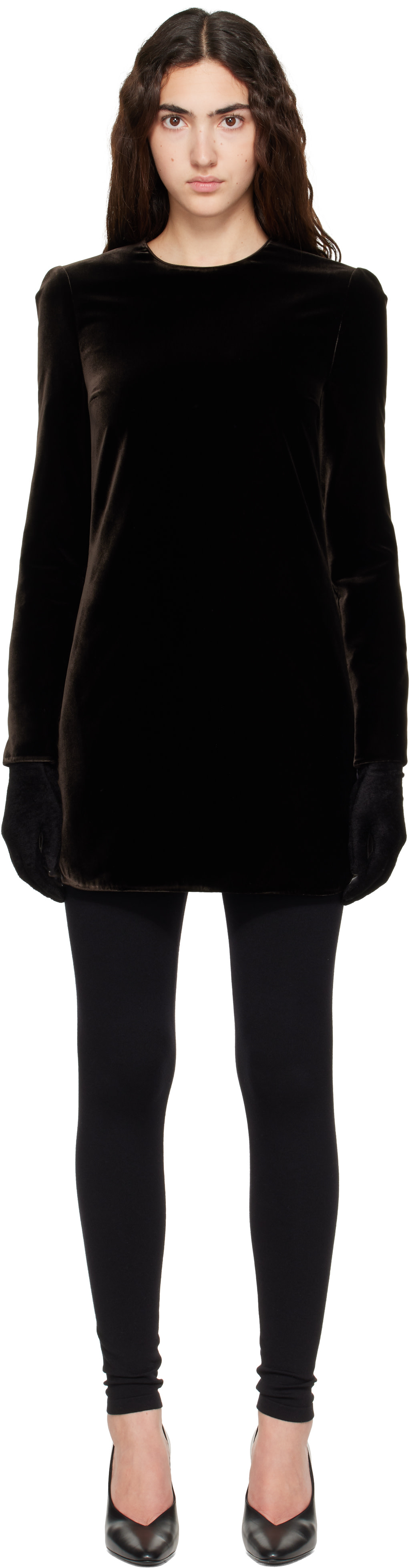ALAÏA - Robe courte brune en velours à taille cintrée