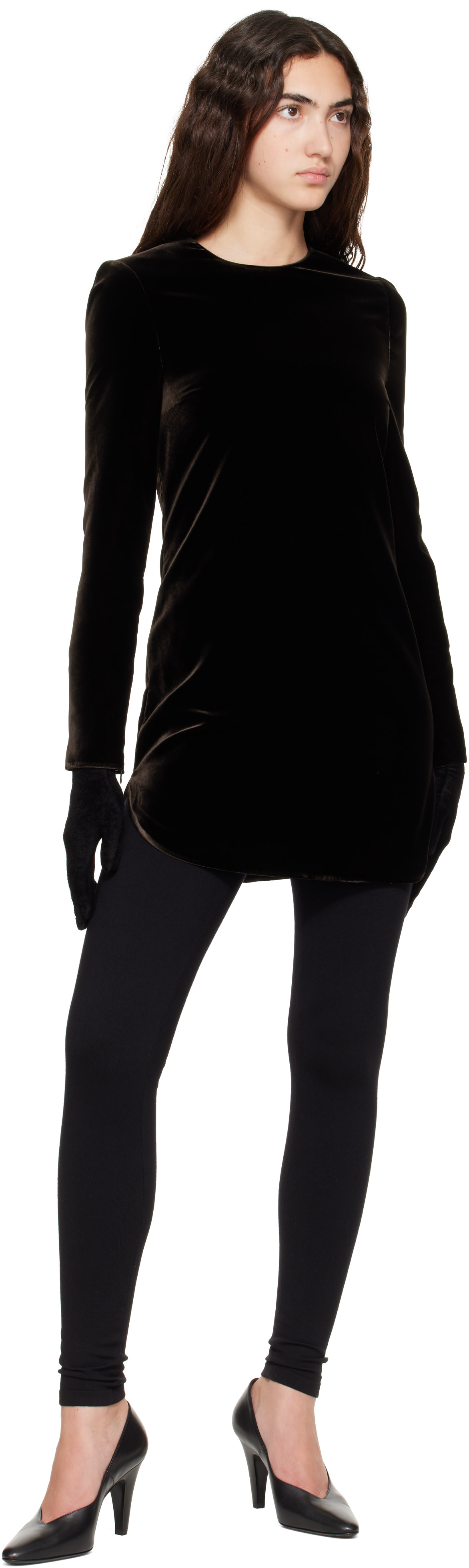 ALAÏA - Robe courte brune en velours à taille cintrée