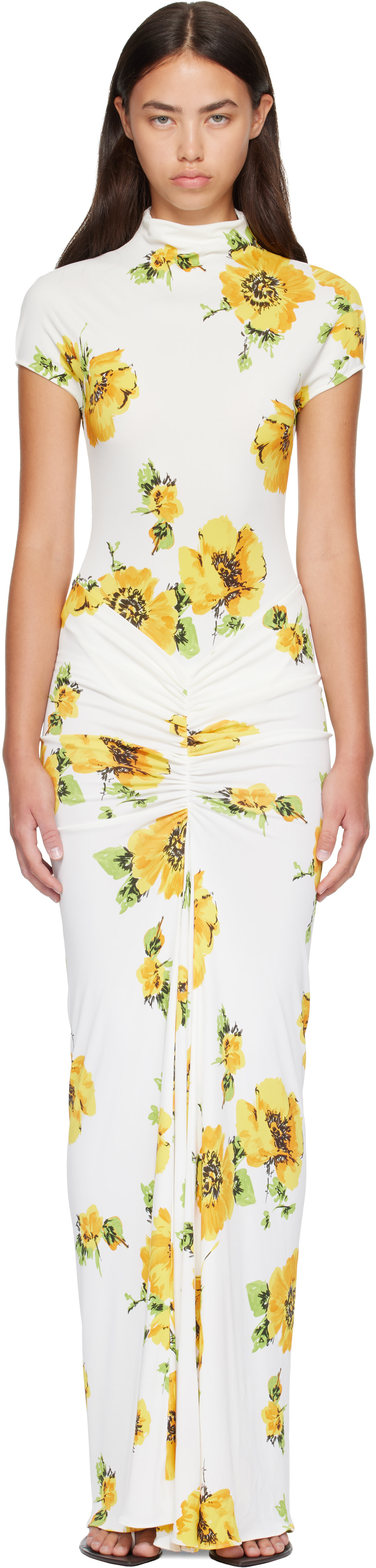 ALAÏA - Robe longue drapée blanche à motif imprimé