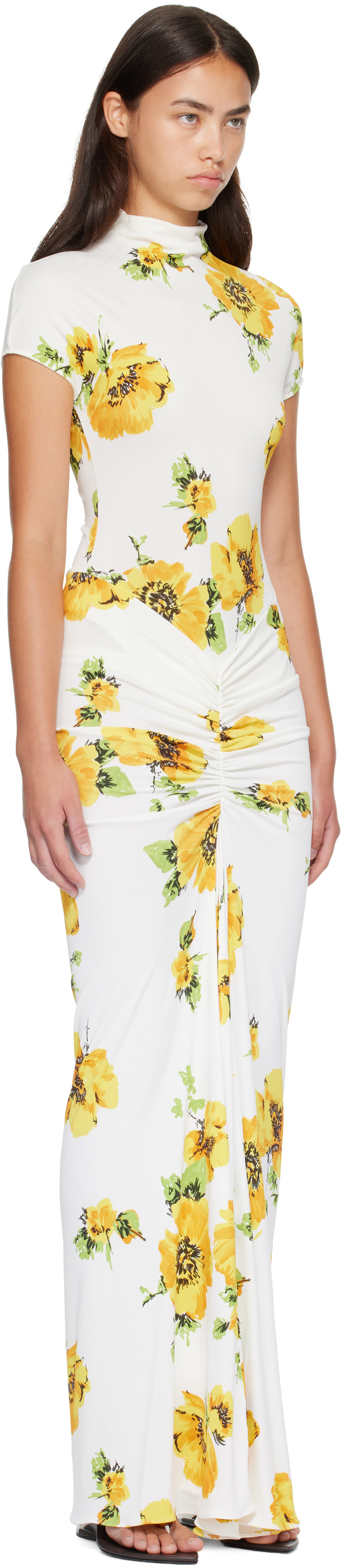 ALAÏA - Robe longue drapée blanche à motif imprimé