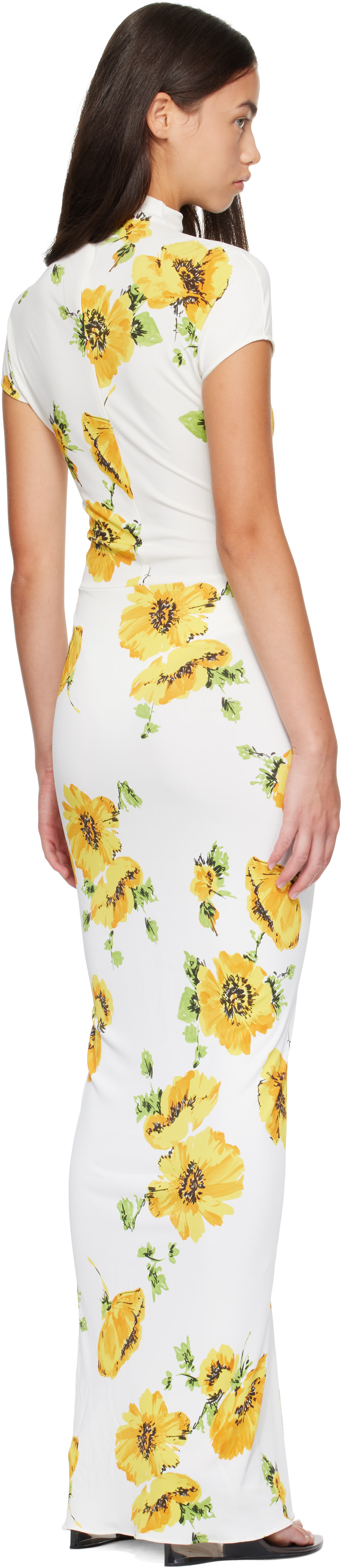 ALAÏA - Robe longue drapée blanche à motif imprimé