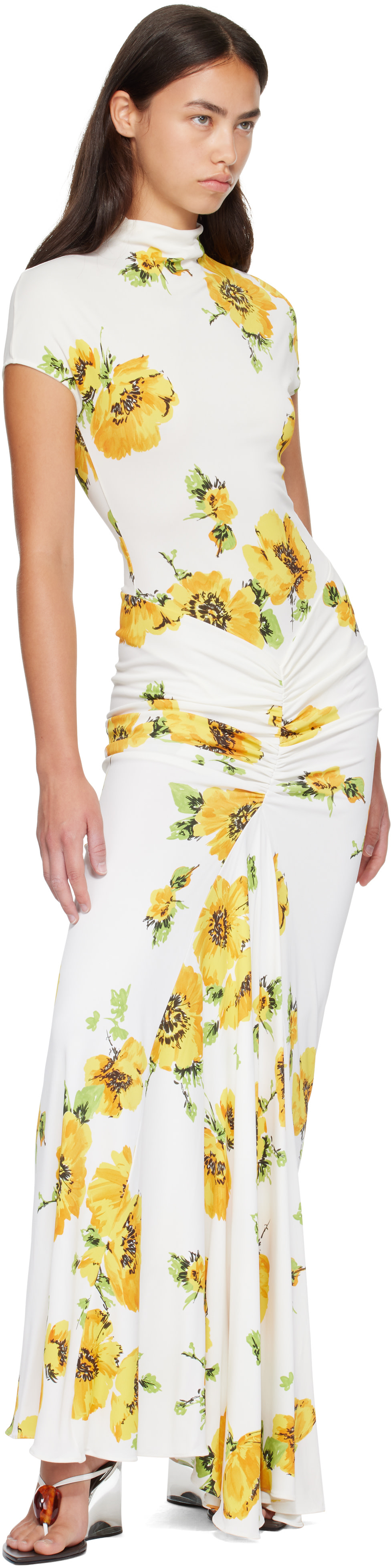 ALAÏA - Robe longue drapée blanche à motif imprimé