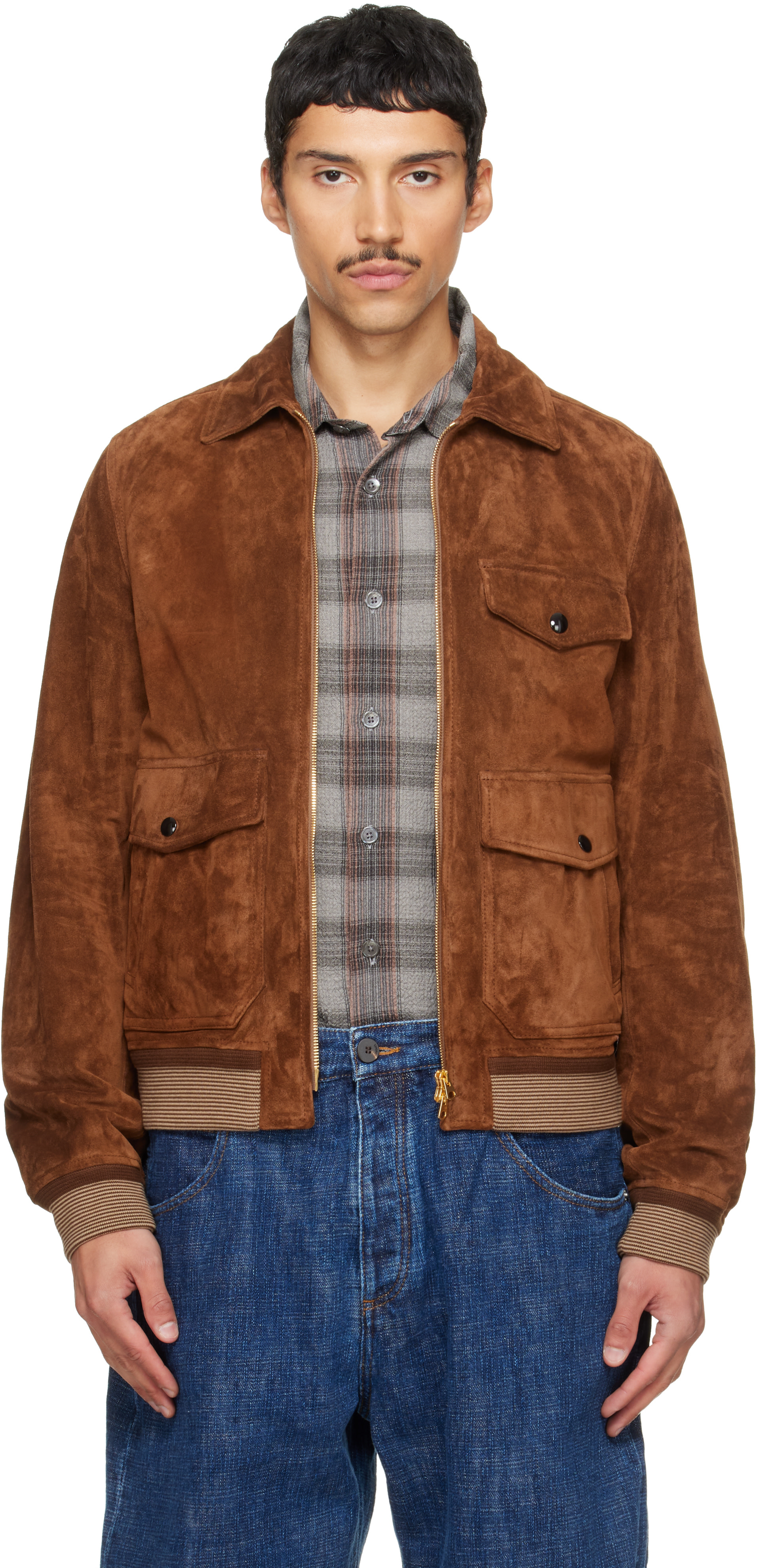 Drake's - Tan Heavyweight A-2 Suede Bomber Jacket