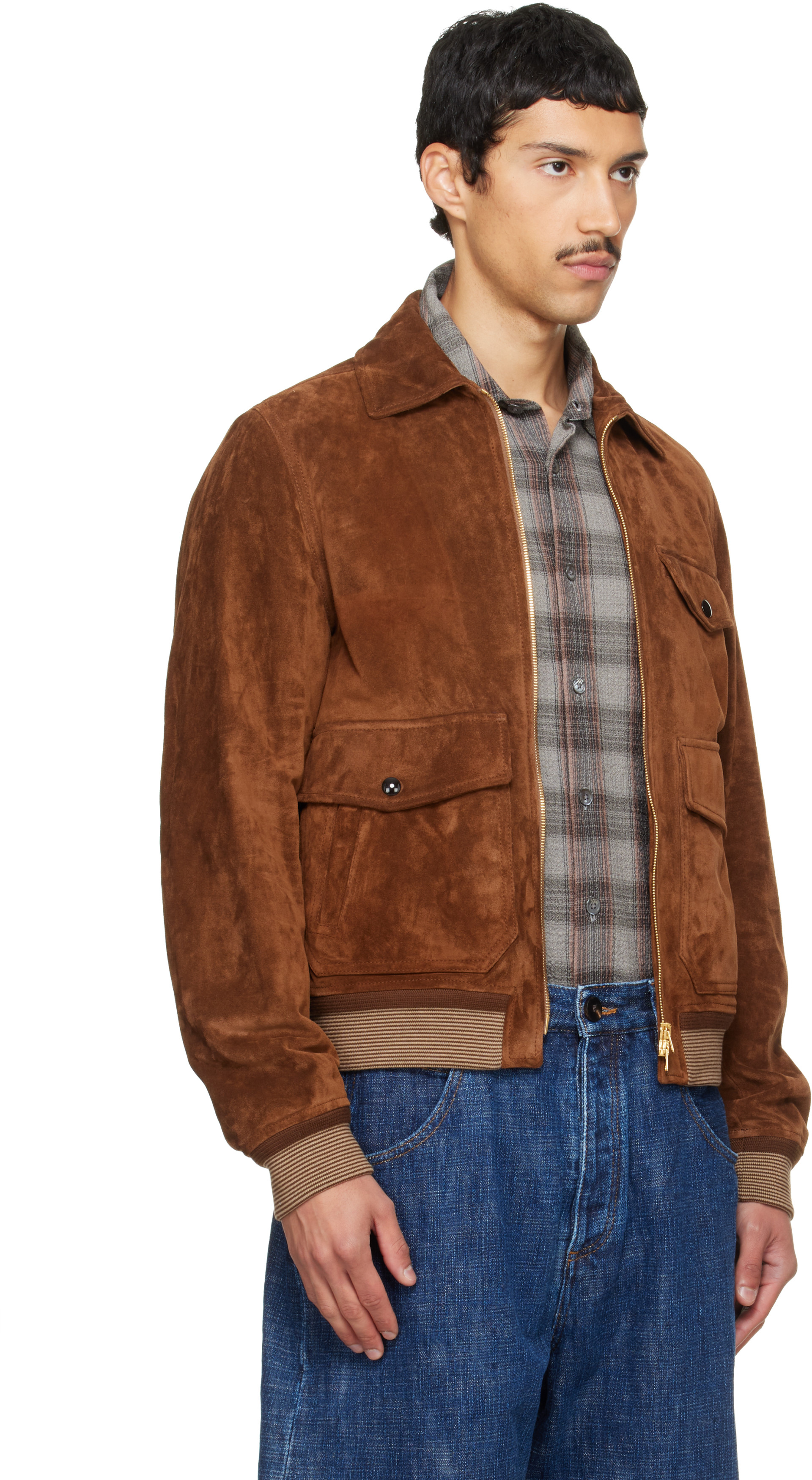Drake's - Tan Heavyweight A-2 Suede Bomber Jacket