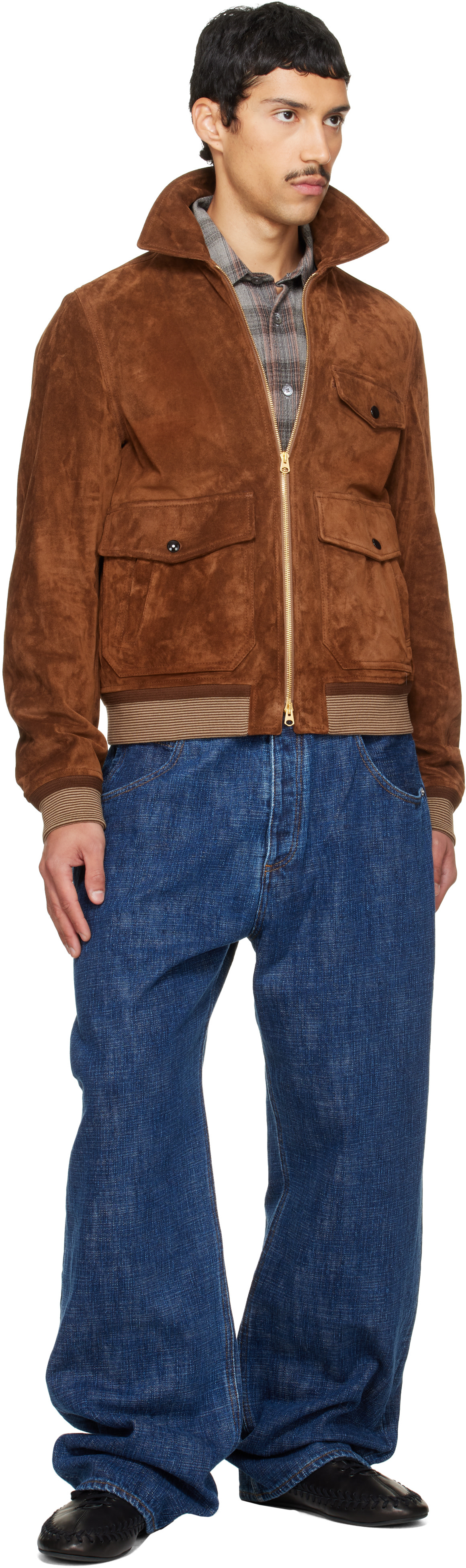 Drake's - Tan Heavyweight A-2 Suede Bomber Jacket