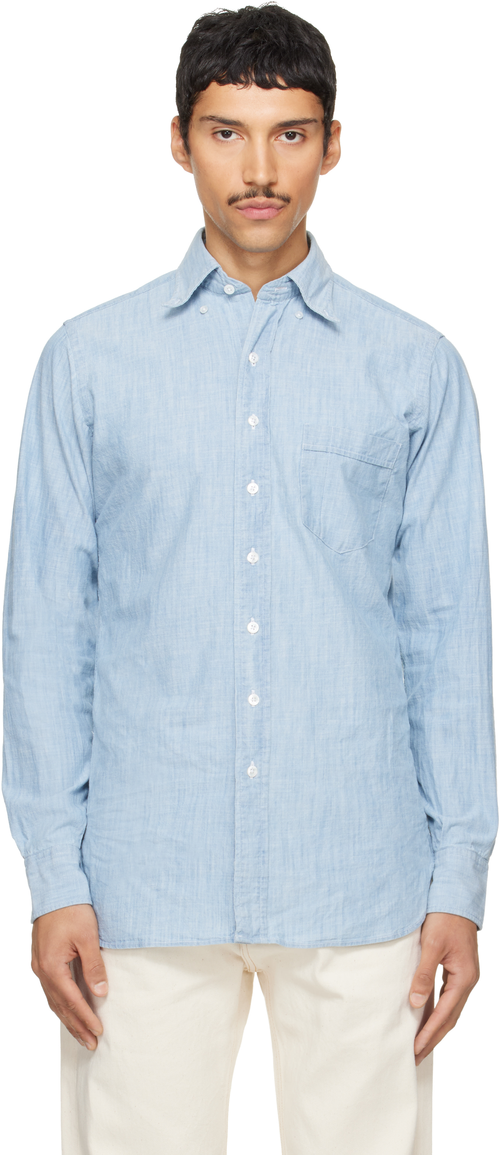 Drake's - Blue Cotton Chambray Button-Down Shirt