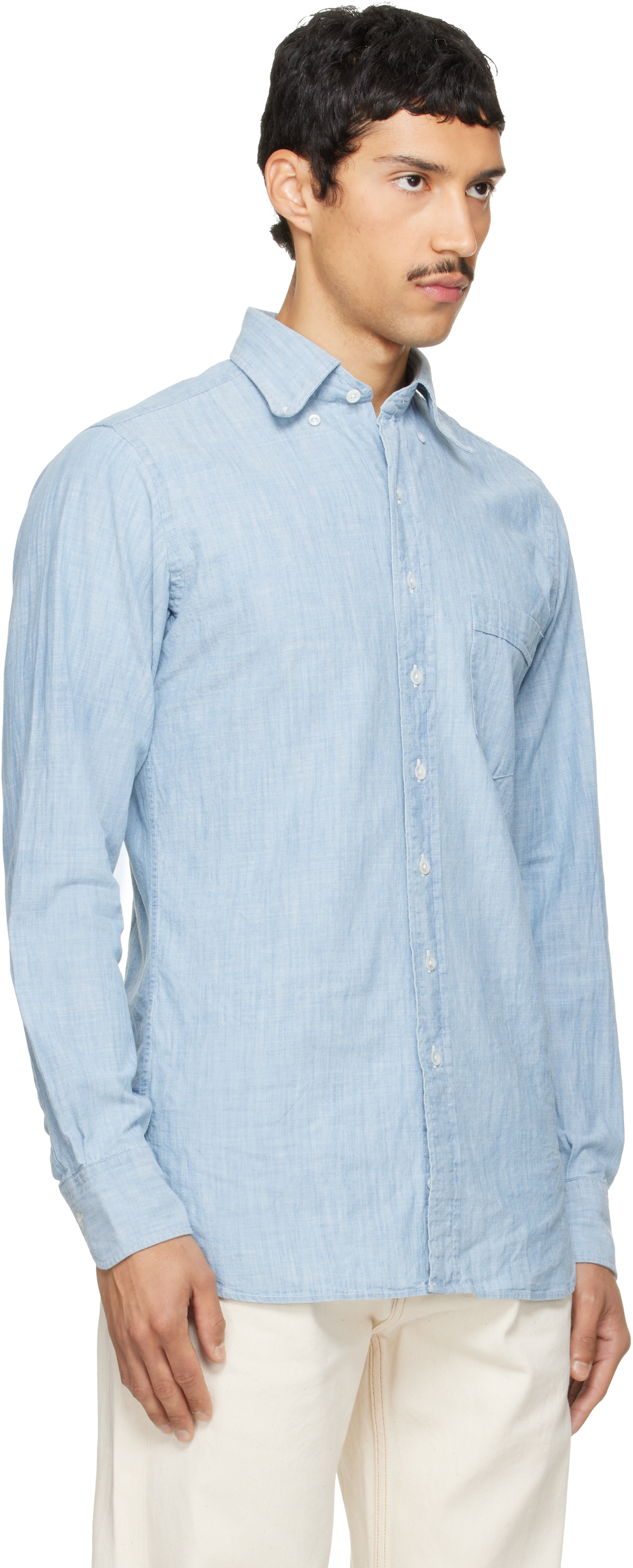 Drake's - Blue Cotton Chambray Button-Down Shirt