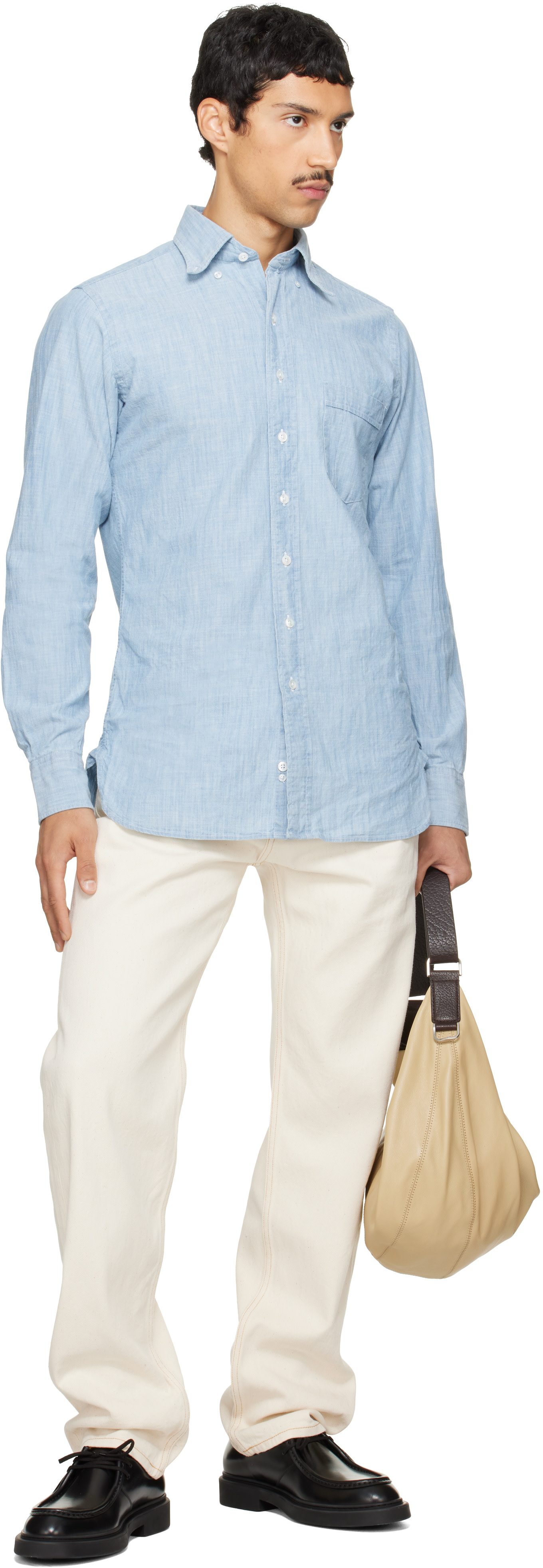 Drake's - Blue Cotton Chambray Button-Down Shirt
