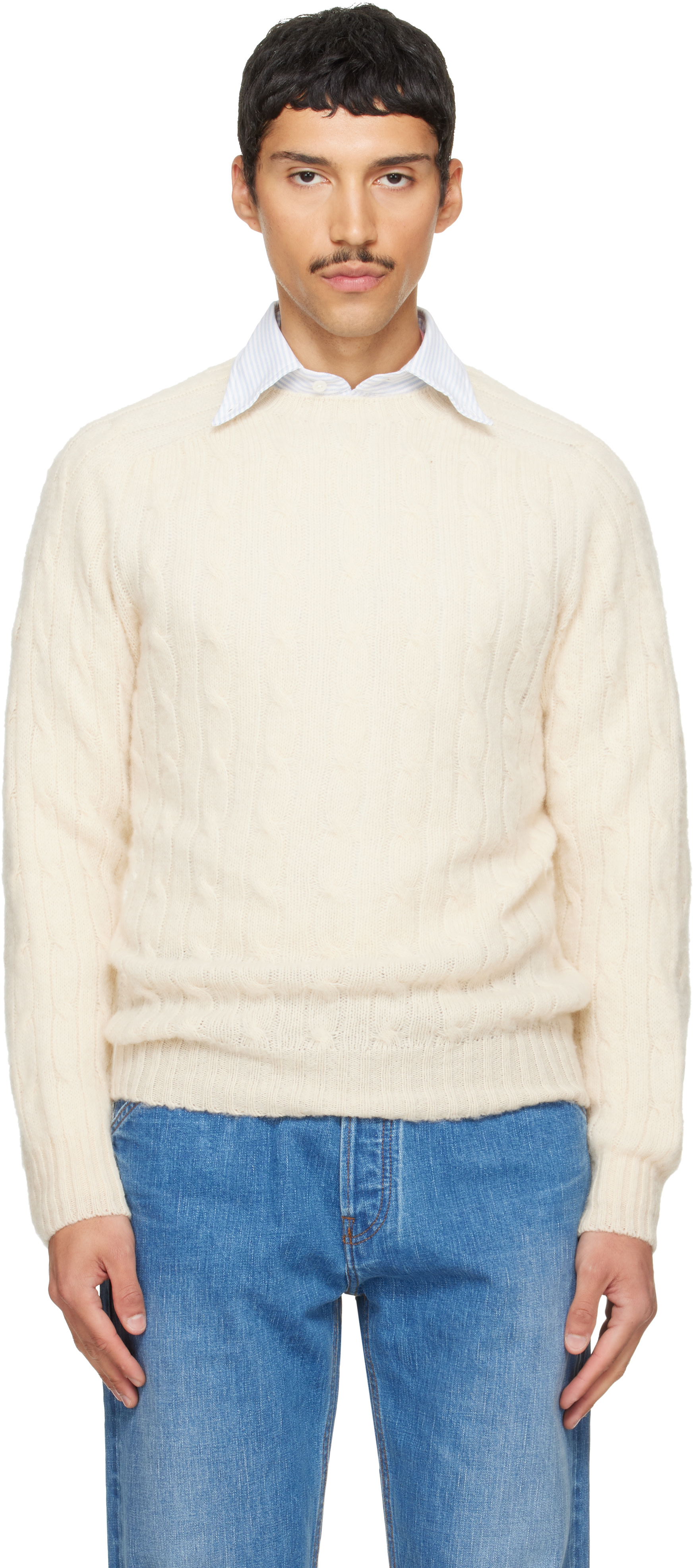 Drake's - Off-White Brushed Shetland Cable Knit Sweater