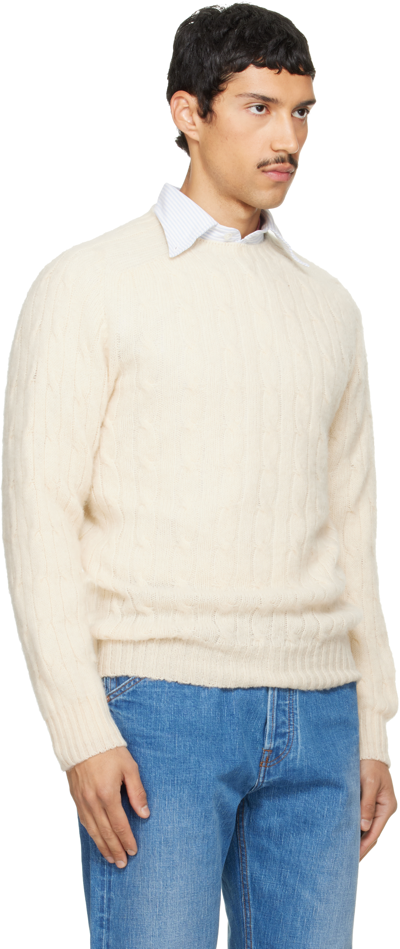 Drake's - Off-White Brushed Shetland Cable Knit Sweater