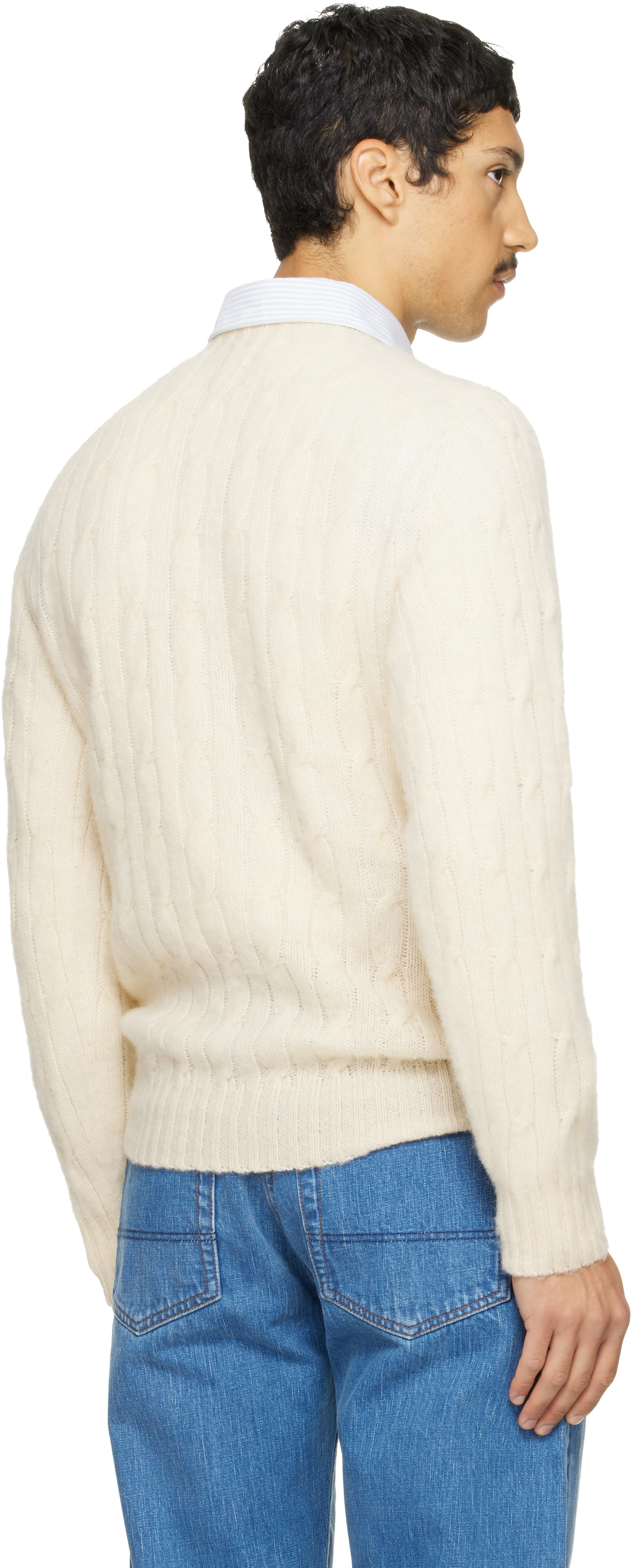 Drake's - Off-White Brushed Shetland Cable Knit Sweater