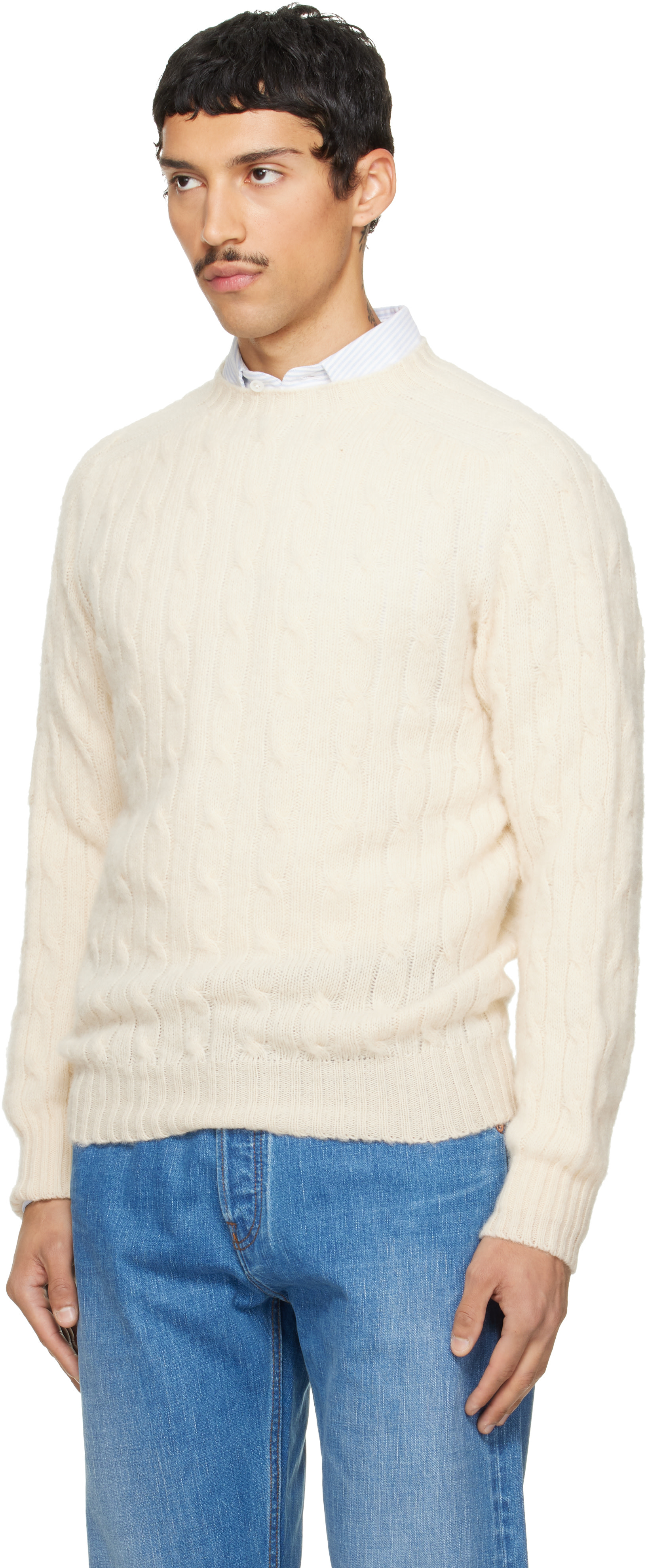 Drake's - Off-White Brushed Shetland Cable Knit Sweater