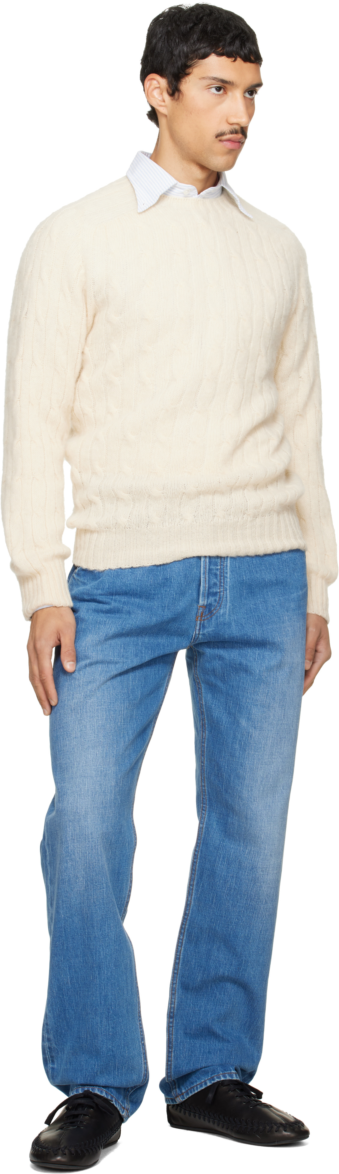 Drake's - Off-White Brushed Shetland Cable Knit Sweater