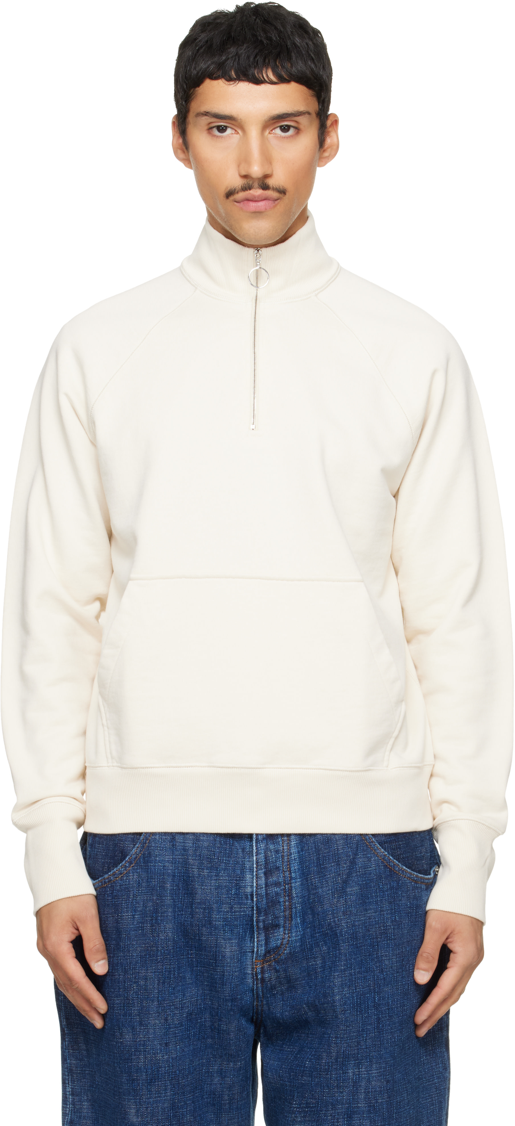 Drake's - Pull molletonné blanc en coton à glissière un quart