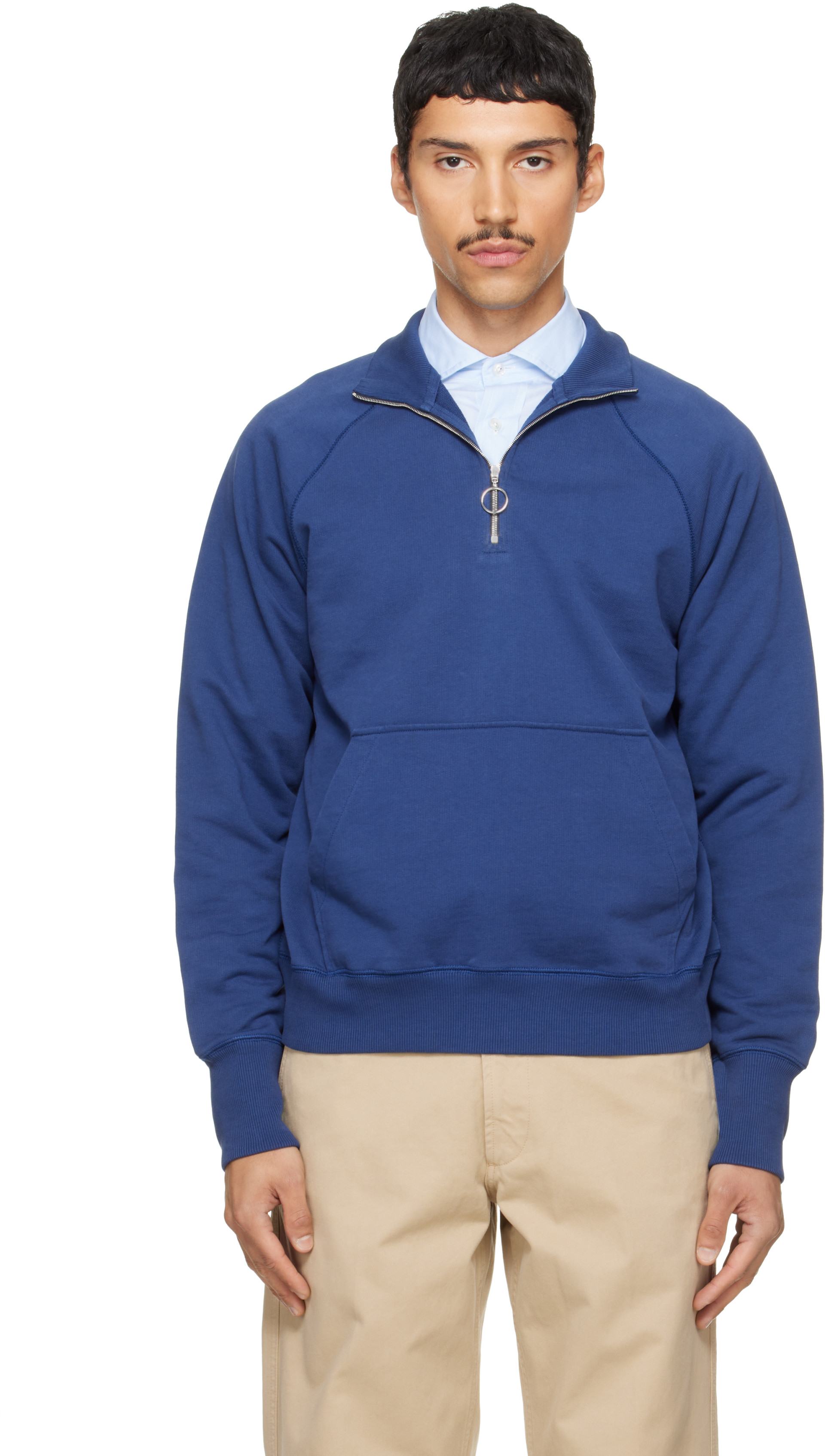 Drake's - Pull molletonné bleu en coton à glissière un quart