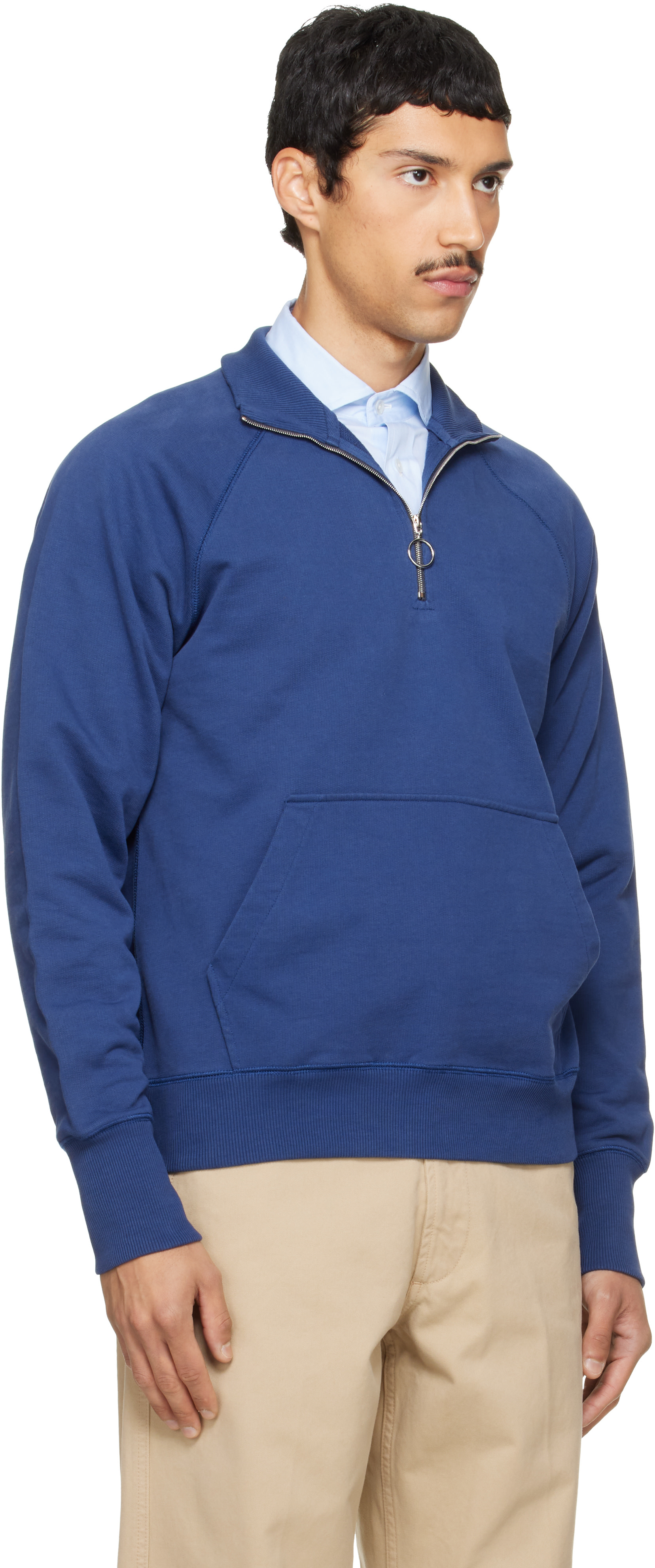 Drake's - Pull molletonné bleu en coton à glissière un quart