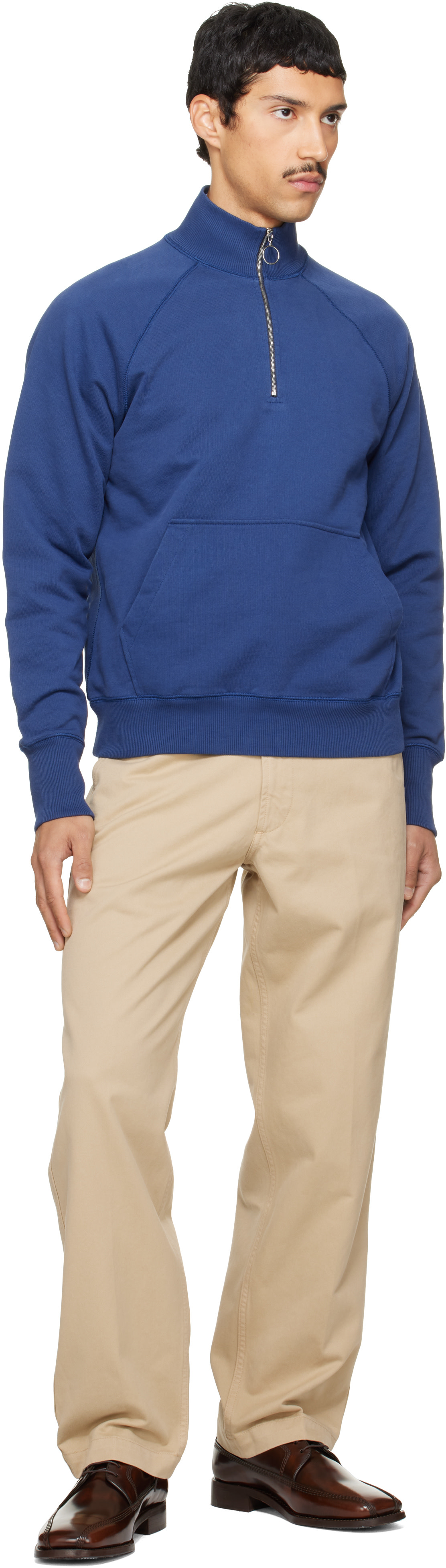 Drake's - Pull molletonné bleu en coton à glissière un quart