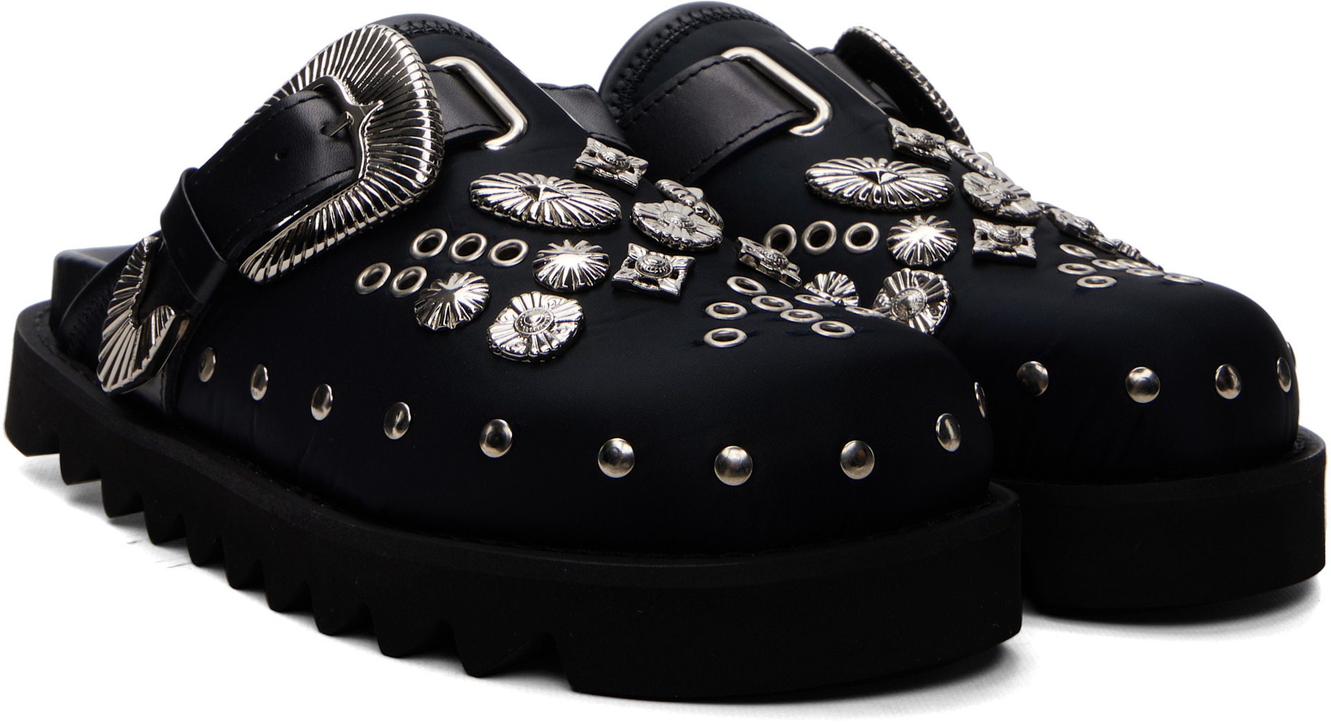 希少　TOGA PULLA ハラコ　パンプス Toga Pulla: Black Eyelet Metal Sabot Slip-On Loafers | SSENSE