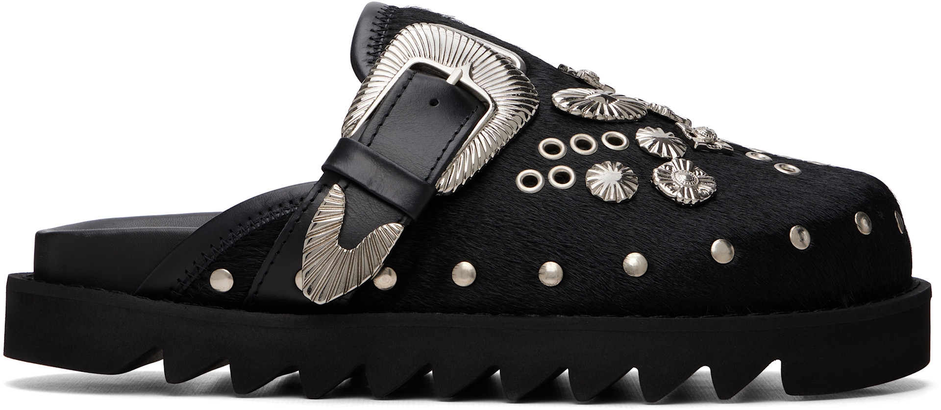 希少　TOGA PULLA ハラコ　パンプス Toga Pulla: Black Eyelet Metal Clog Loafers | SSENSE