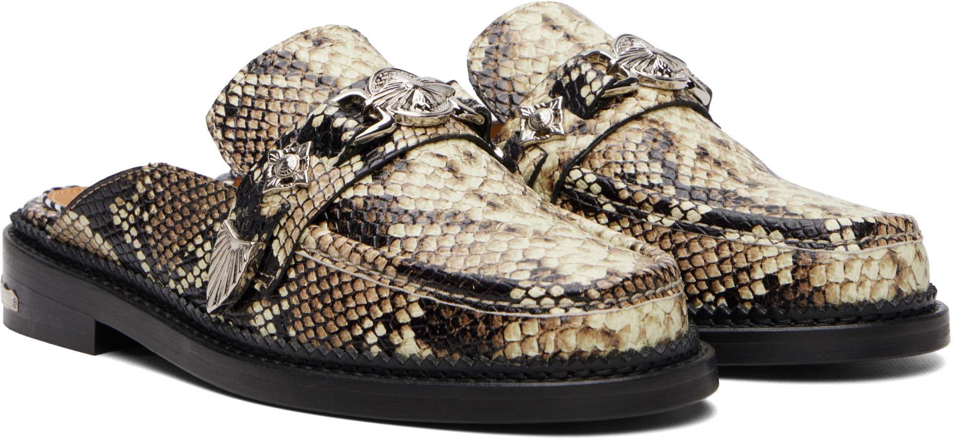 Toga Pulla: Beige Embossed Snake Slip-on Loafers | SSENSE