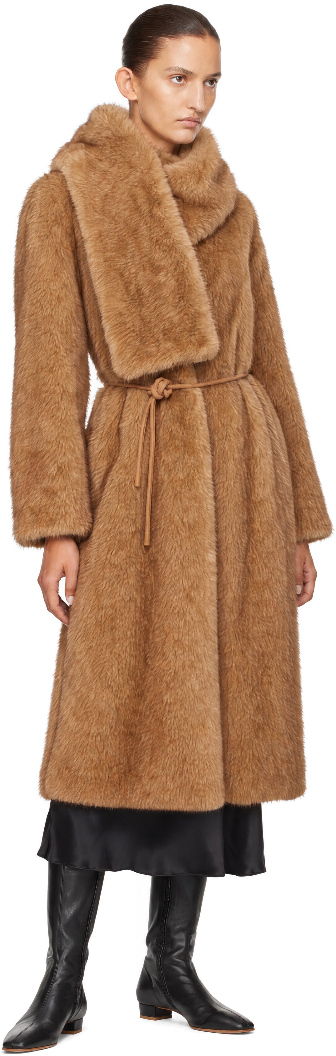 LE17SEPTEMBRE: Brown Collarless Faux-Fur Muffler Coat | SSENSE