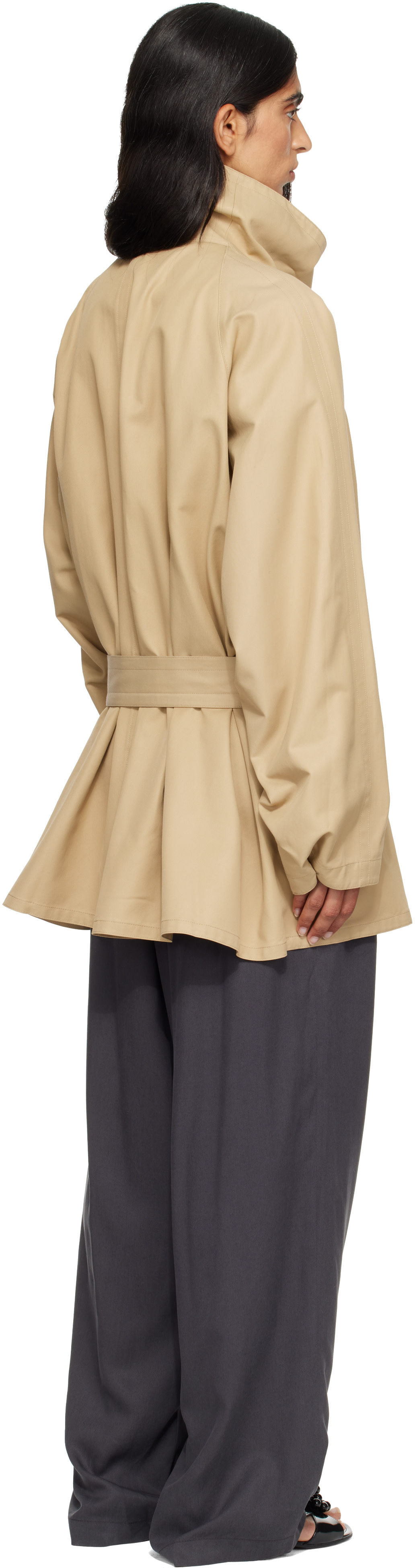 LE17SEPTEMBRE: Beige Cotton Draped Funnel Neck Half Trench Coat