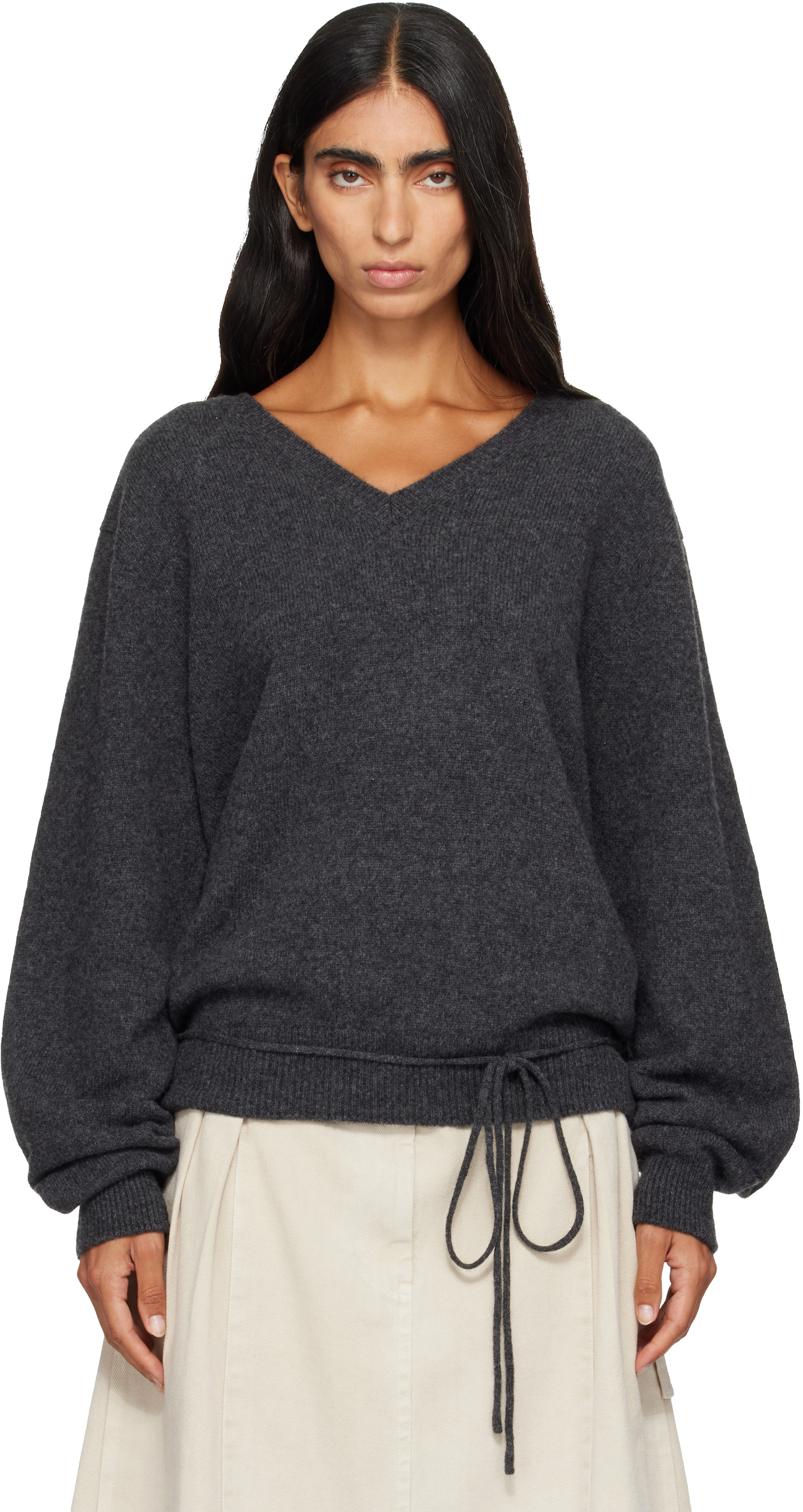 LE17SEPTEMBRE: Gray Soft Alpaca Blend Tie V-Neck Knit Sweater | SSENSE