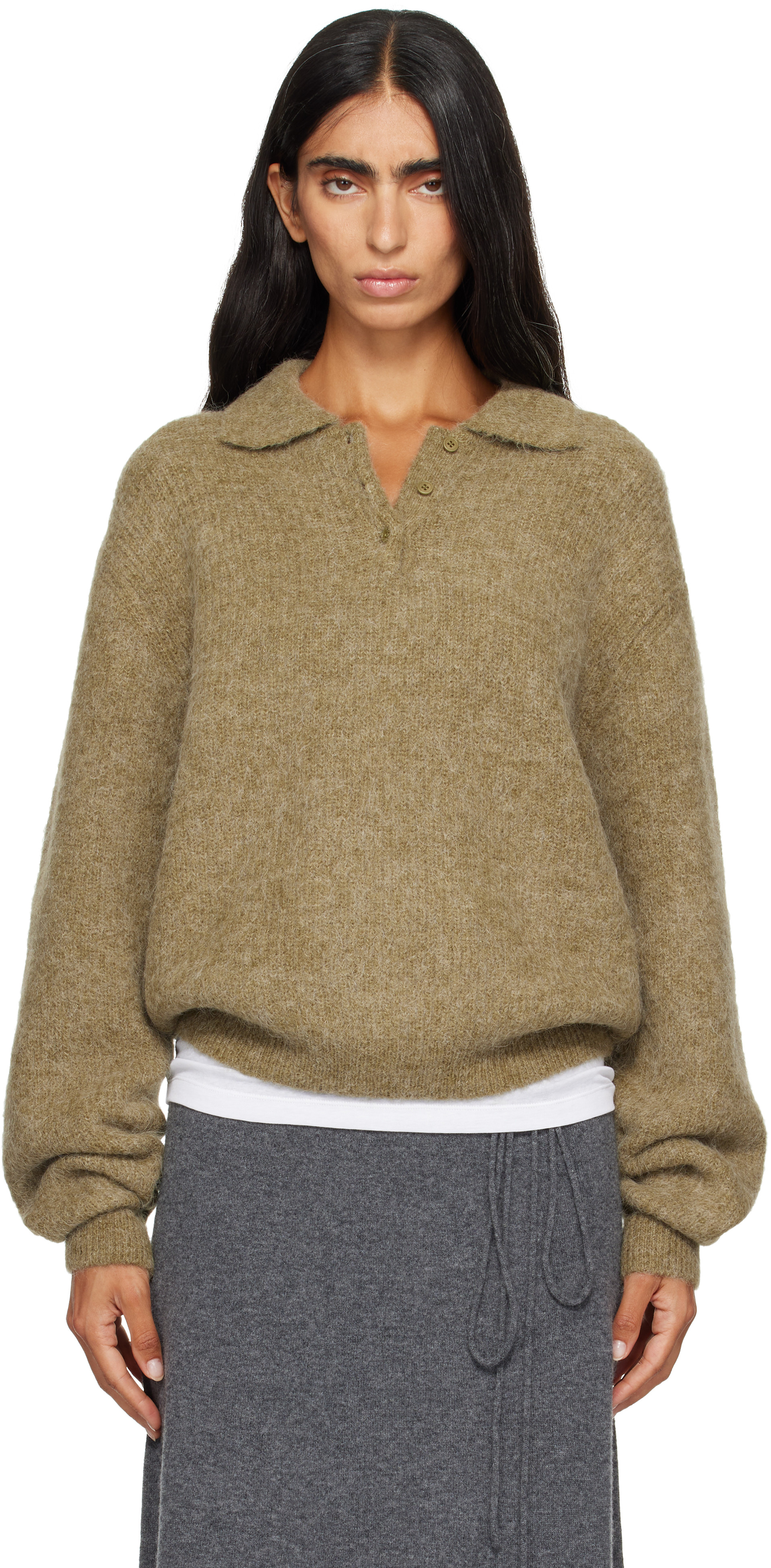 LE17SEPTEMBRE: Khaki Textured Alpaca Collar Knit Polo | SSENSE