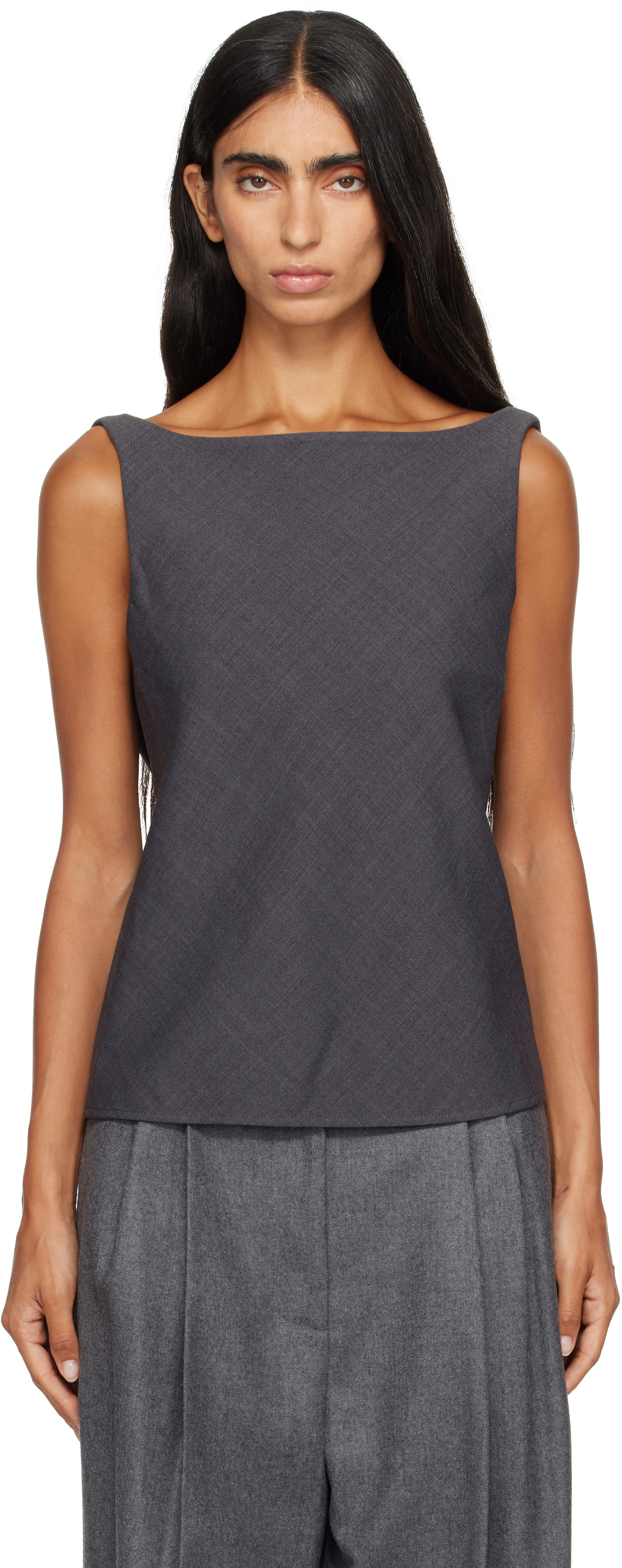MA_JULIUS グレー ドレープネック ノースリーブトップス LE17SEPTEMBRE: グレー Draped Back-Scoop ノースリーブ トップス
