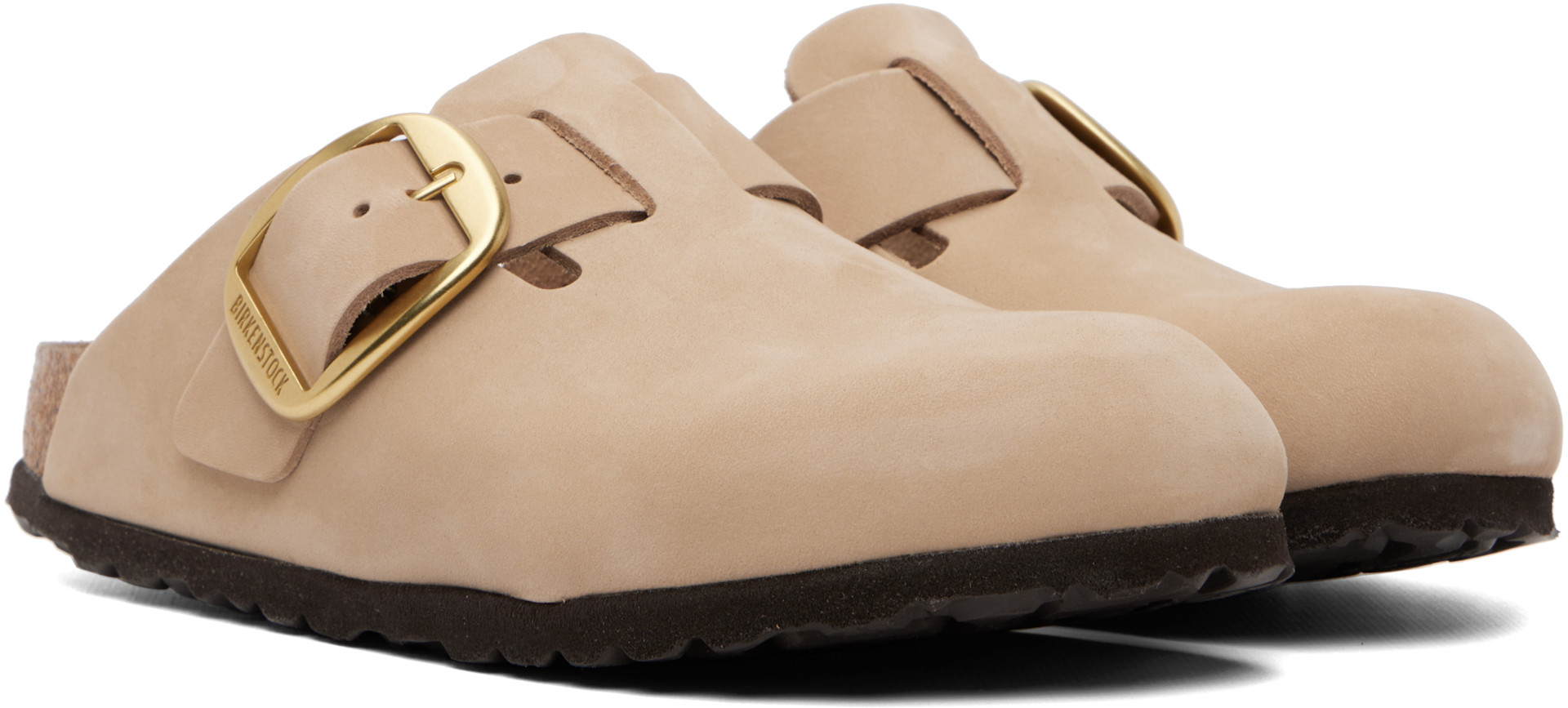 Birkenstock: Beige Narrow Boston Big Buckle Nubuck Leather Loafers