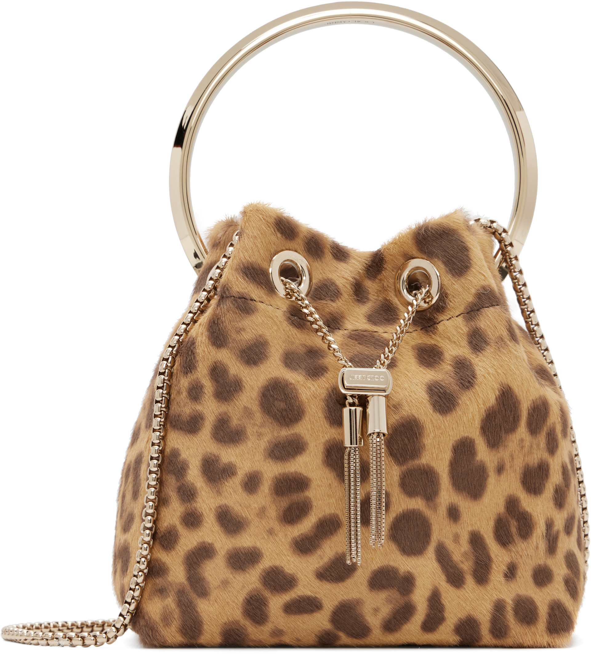 Jimmy Choo: Tan Bon Bon Leopard Print Pony Bag | SSENSE Canada