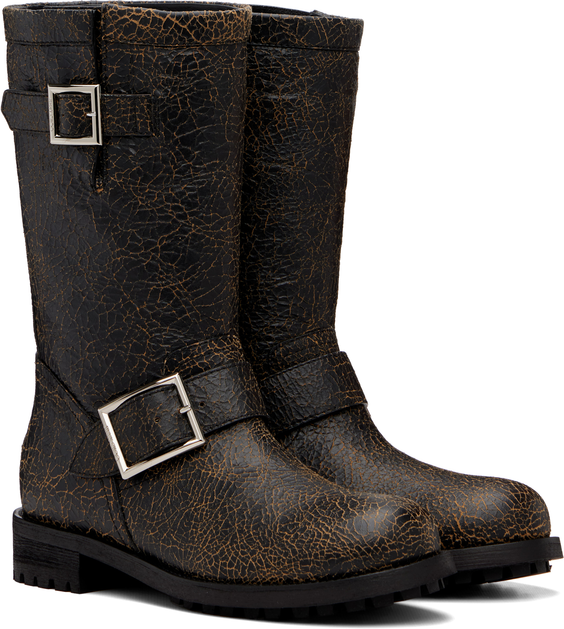Jimmy Choo: Black Biker Midcrackled Leather Boots | SSENSE